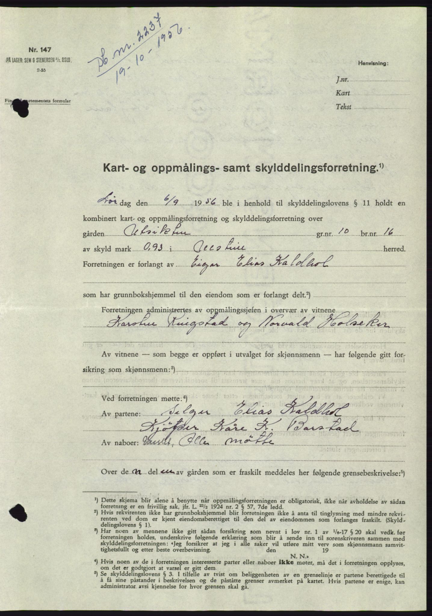 Søre Sunnmøre sorenskriveri, AV/SAT-A-4122/1/2/2C/L0104: Mortgage book no. 30A, 1956-1956, Diary no: : 2237/1956