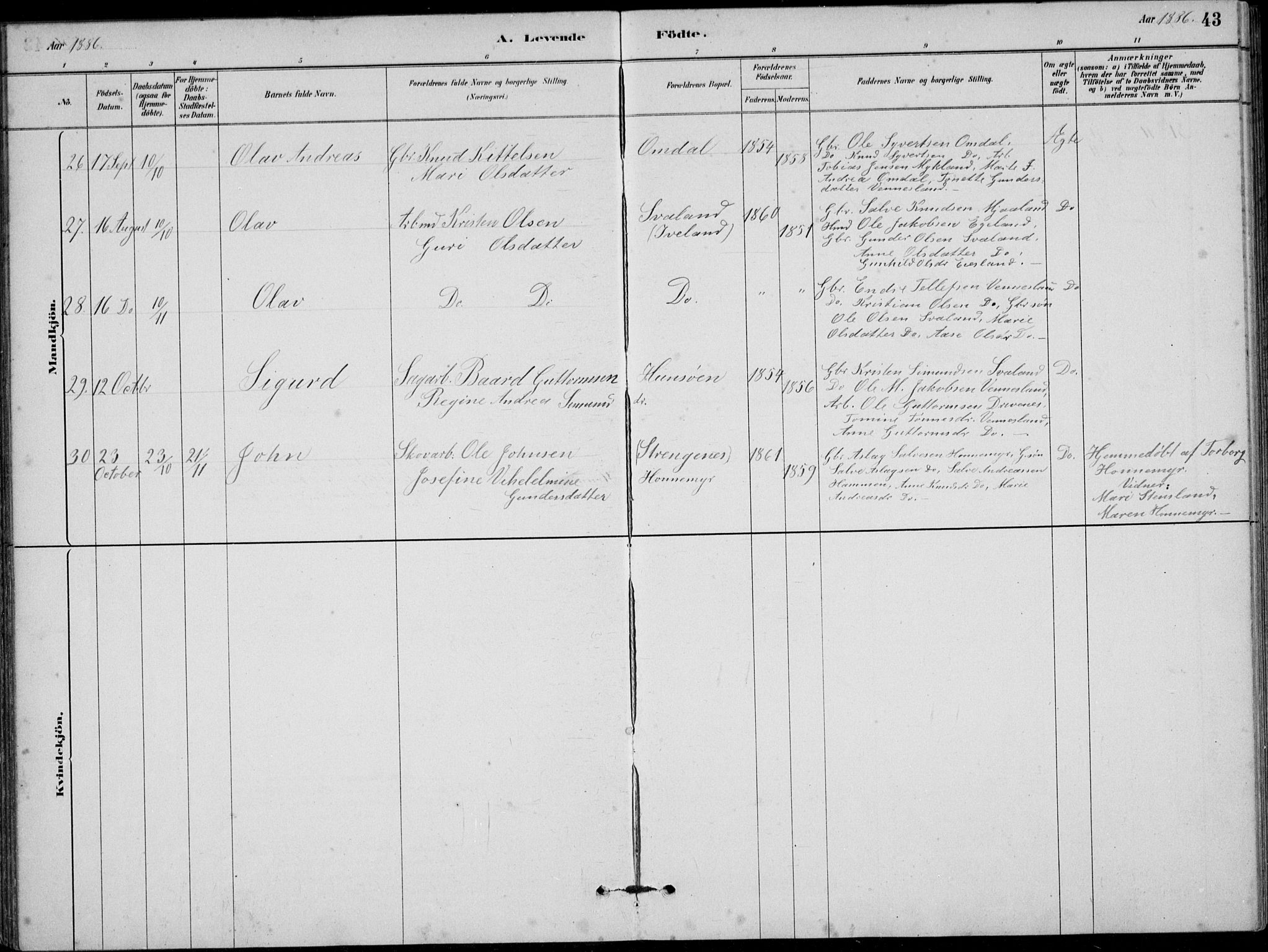 Vennesla sokneprestkontor, AV/SAK-1111-0045/Fb/Fbb/L0003: Parish register (copy) no. B 3, 1879-1893, p. 43