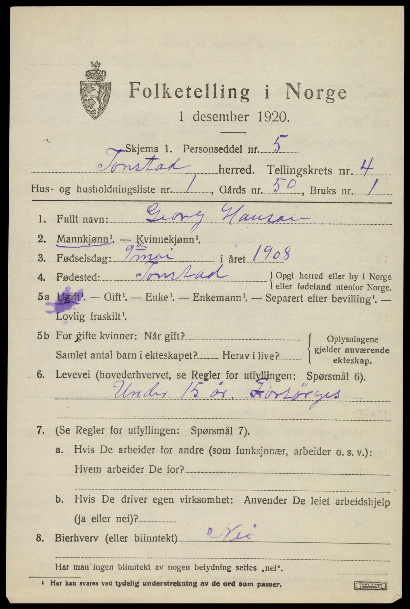 SAK, 1920 census for Tonstad, 1920, p. 1296