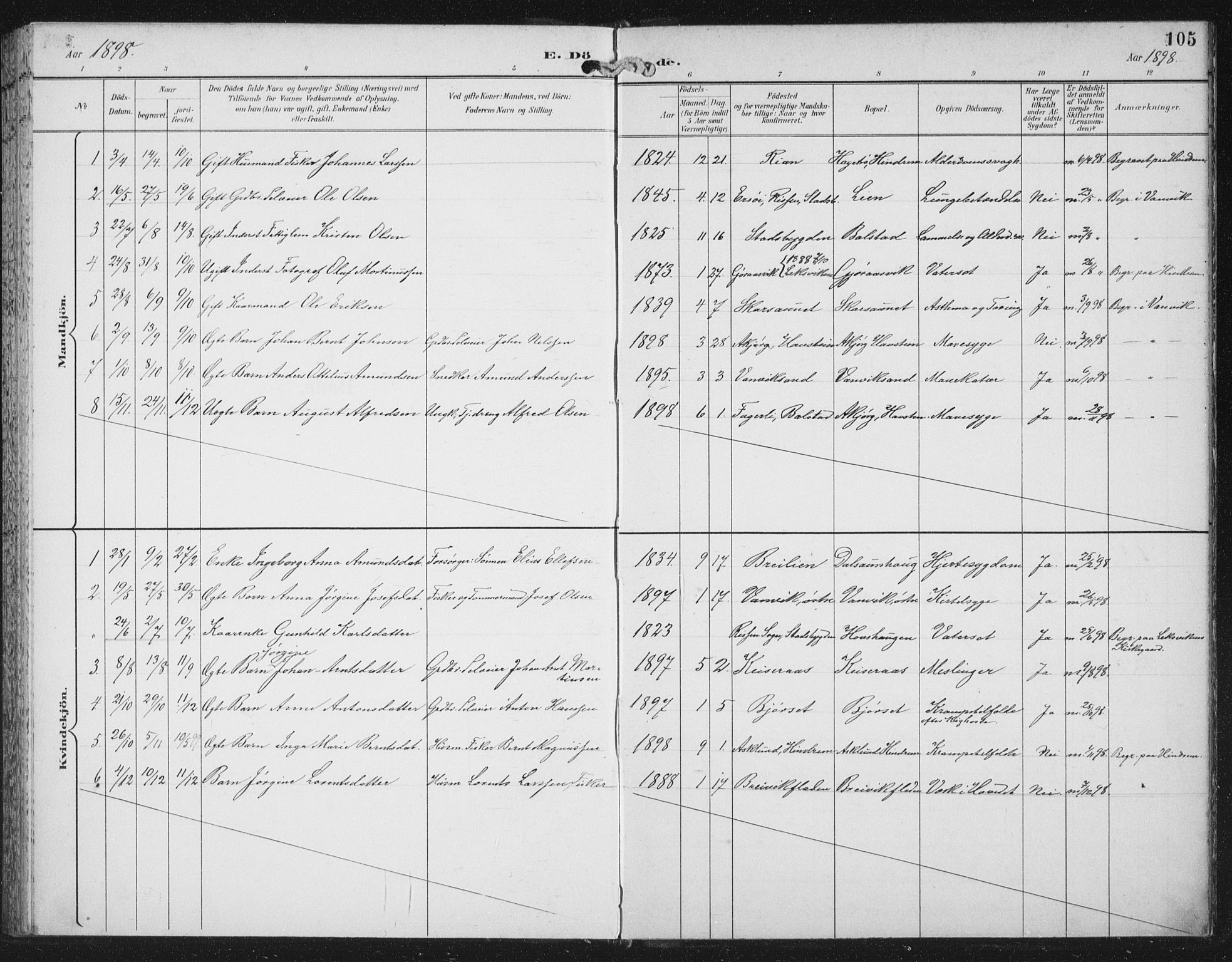 Ministerialprotokoller, klokkerbøker og fødselsregistre - Nord-Trøndelag, SAT/A-1458/702/L0024: Parish register (official) no. 702A02, 1898-1914, p. 105