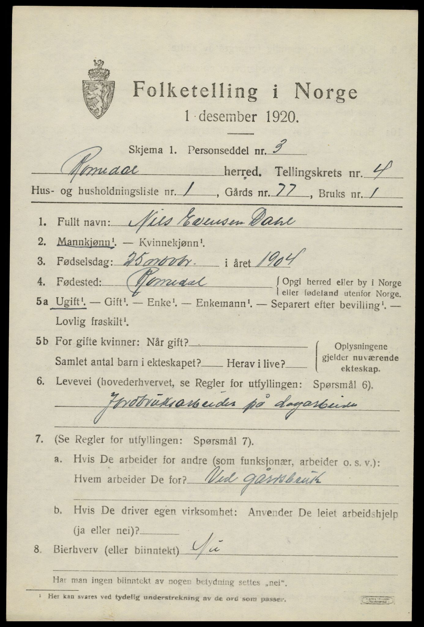 SAH, 1920 census for Romedal, 1920, p. 5635