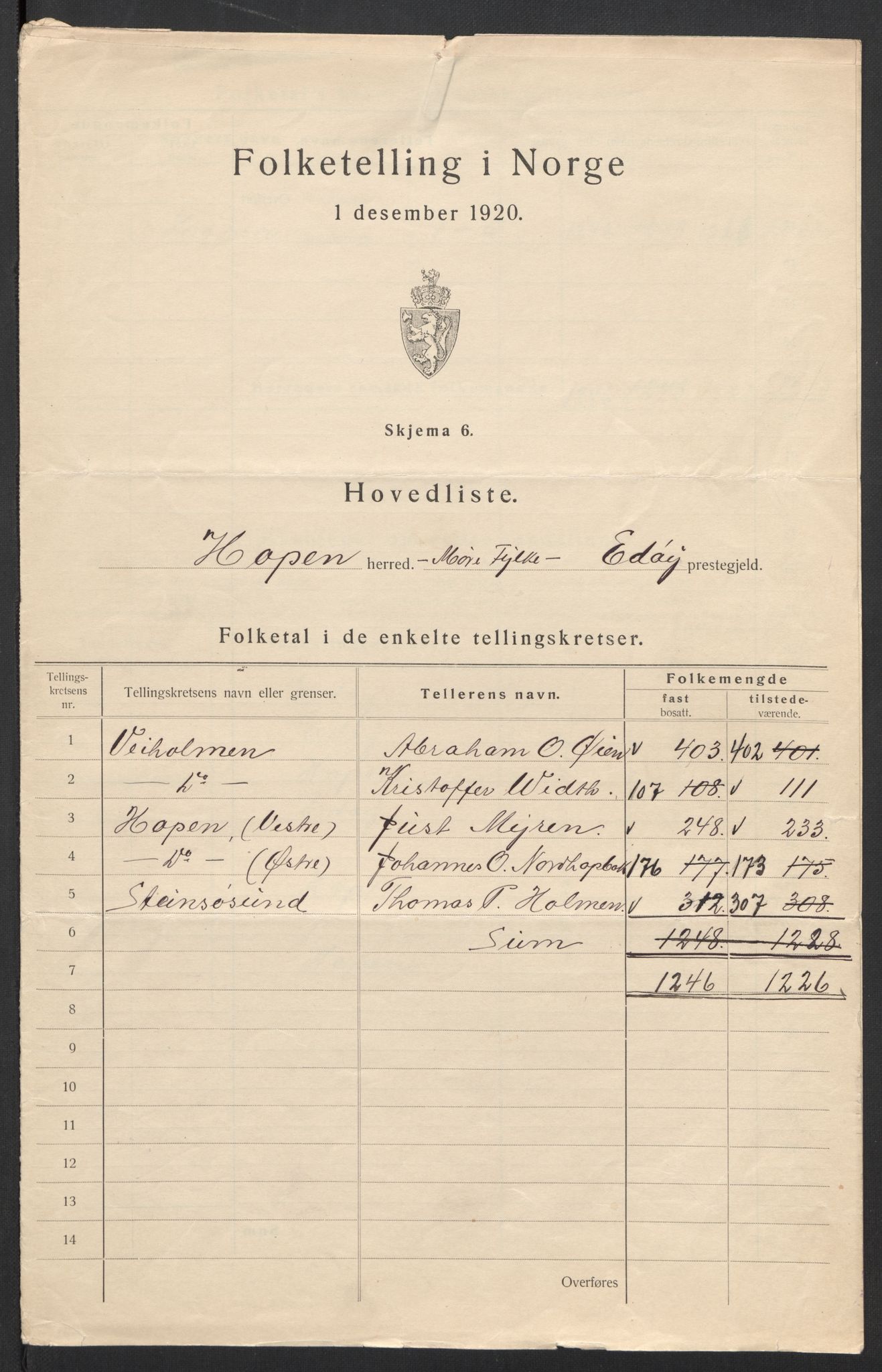 SAT, 1920 census for Hopen, 1920, p. 4