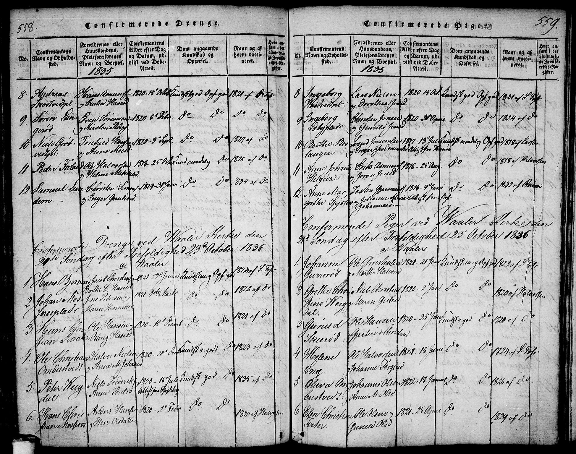 Våler prestekontor Kirkebøker, AV/SAO-A-11083/F/Fa/L0005: Parish register (official) no. I 5, 1815-1839, p. 558-559