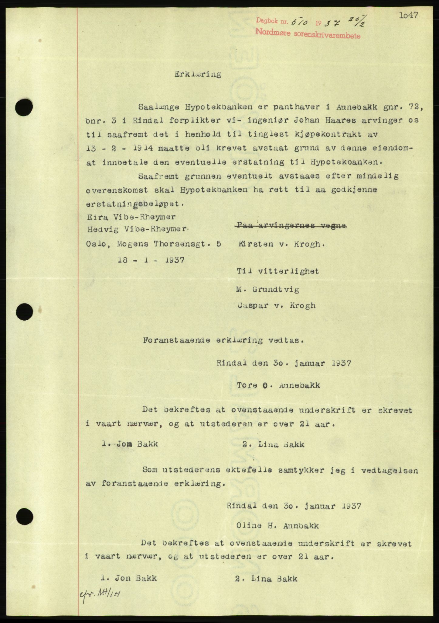 Nordmøre sorenskriveri, AV/SAT-A-4132/1/2/2Ca/L0090: Mortgage book no. B80, 1936-1937, Diary no: : 510/1937