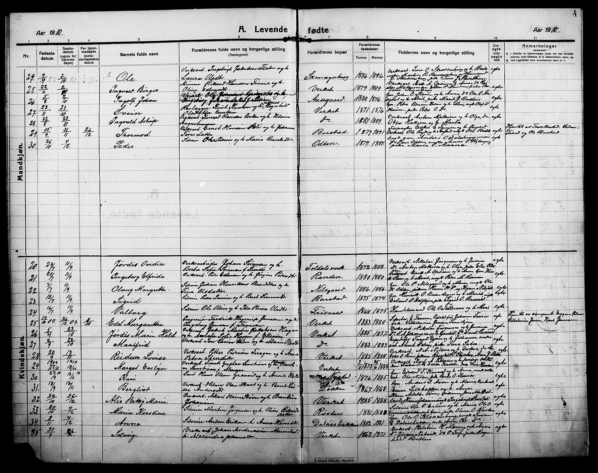 Alvdal prestekontor, AV/SAH-PREST-060/H/Ha/Hab/L0006: Parish register (copy) no. 6, 1910-1924, p. 4