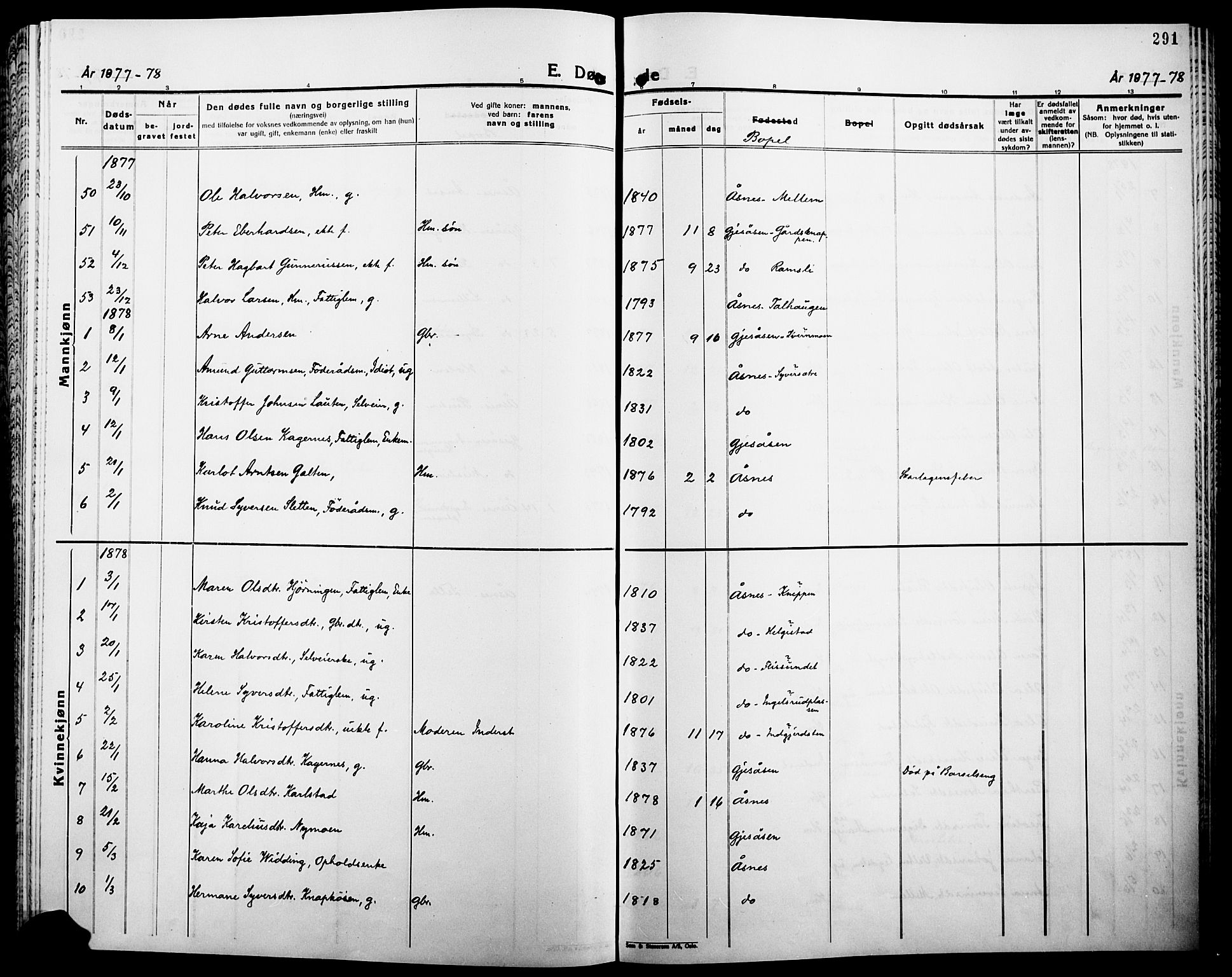 Åsnes prestekontor, AV/SAH-PREST-042/H/Ha/Haa/L0000B: Parish register (official), 1870-1889, p. 291