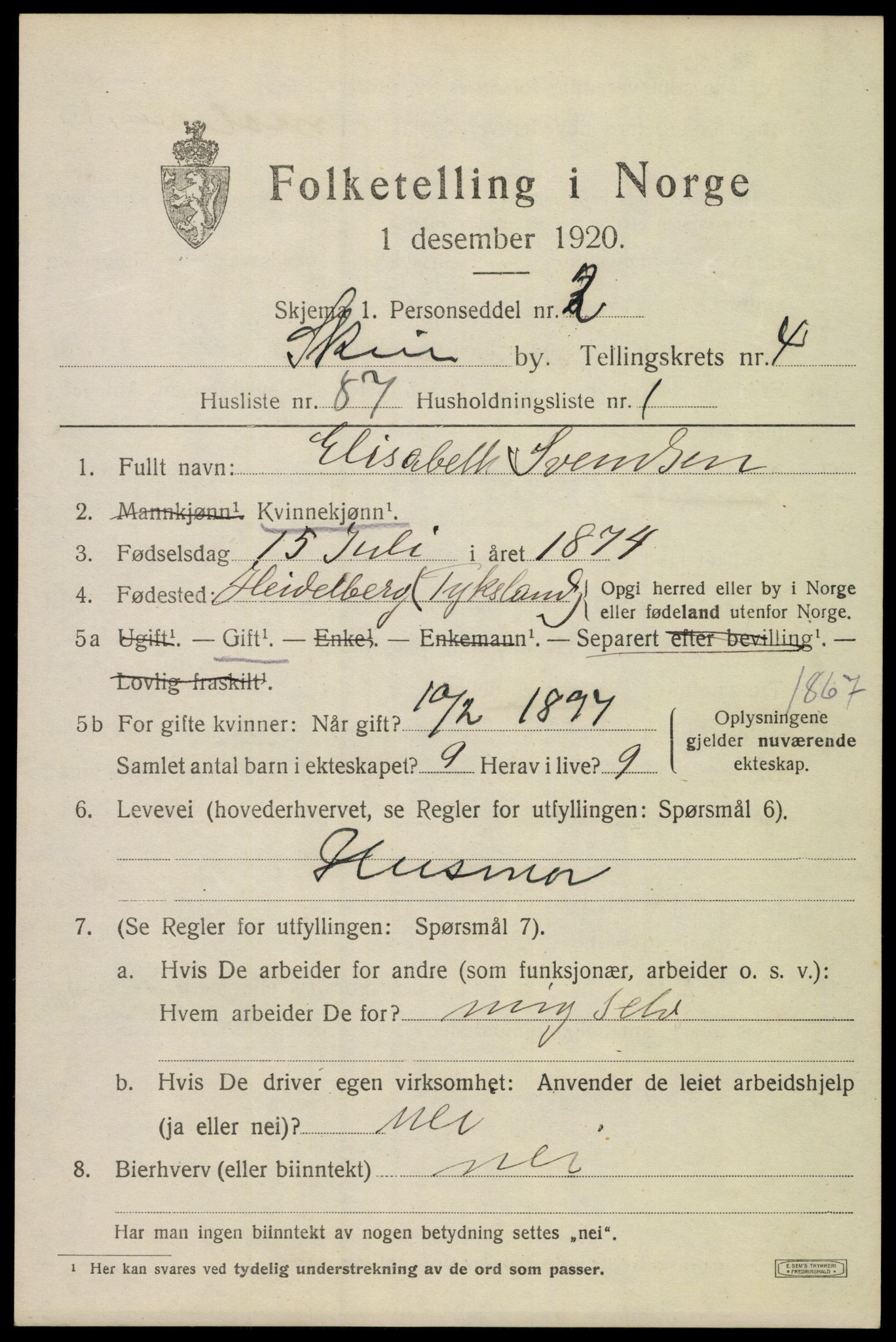 SAKO, 1920 census for Skien, 1920, p. 28596