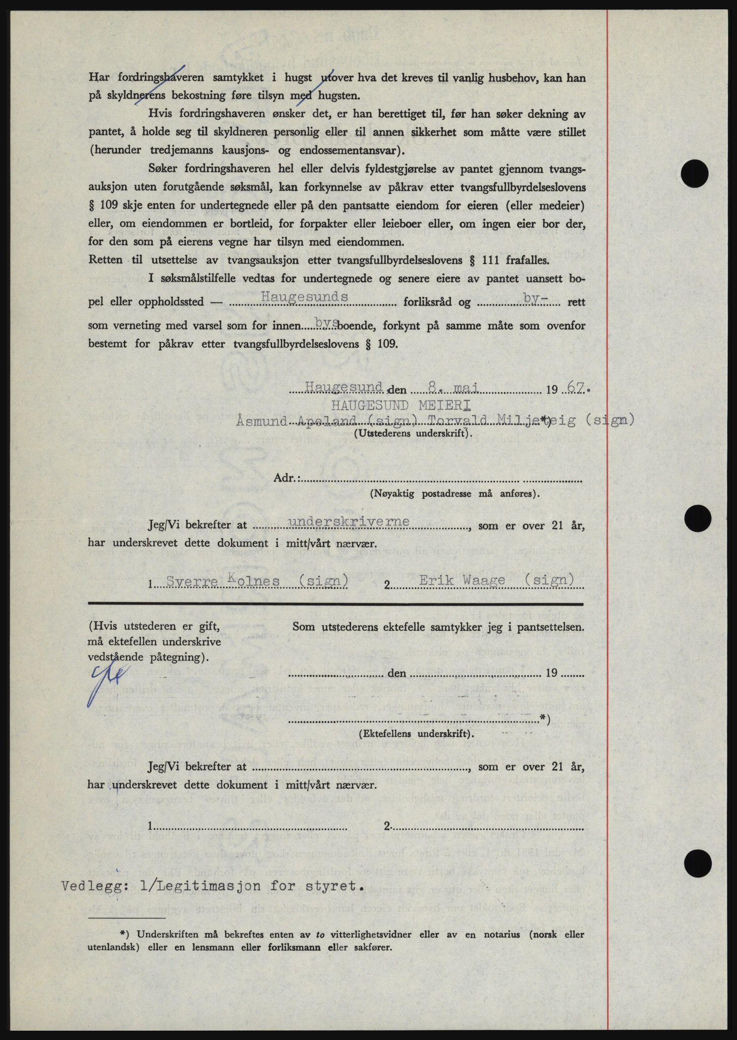 Haugesund tingrett, SAST/A-101415/01/II/IIC/L0056: Mortgage book no. B 56, 1966-1967, Diary no: : 1205/1967