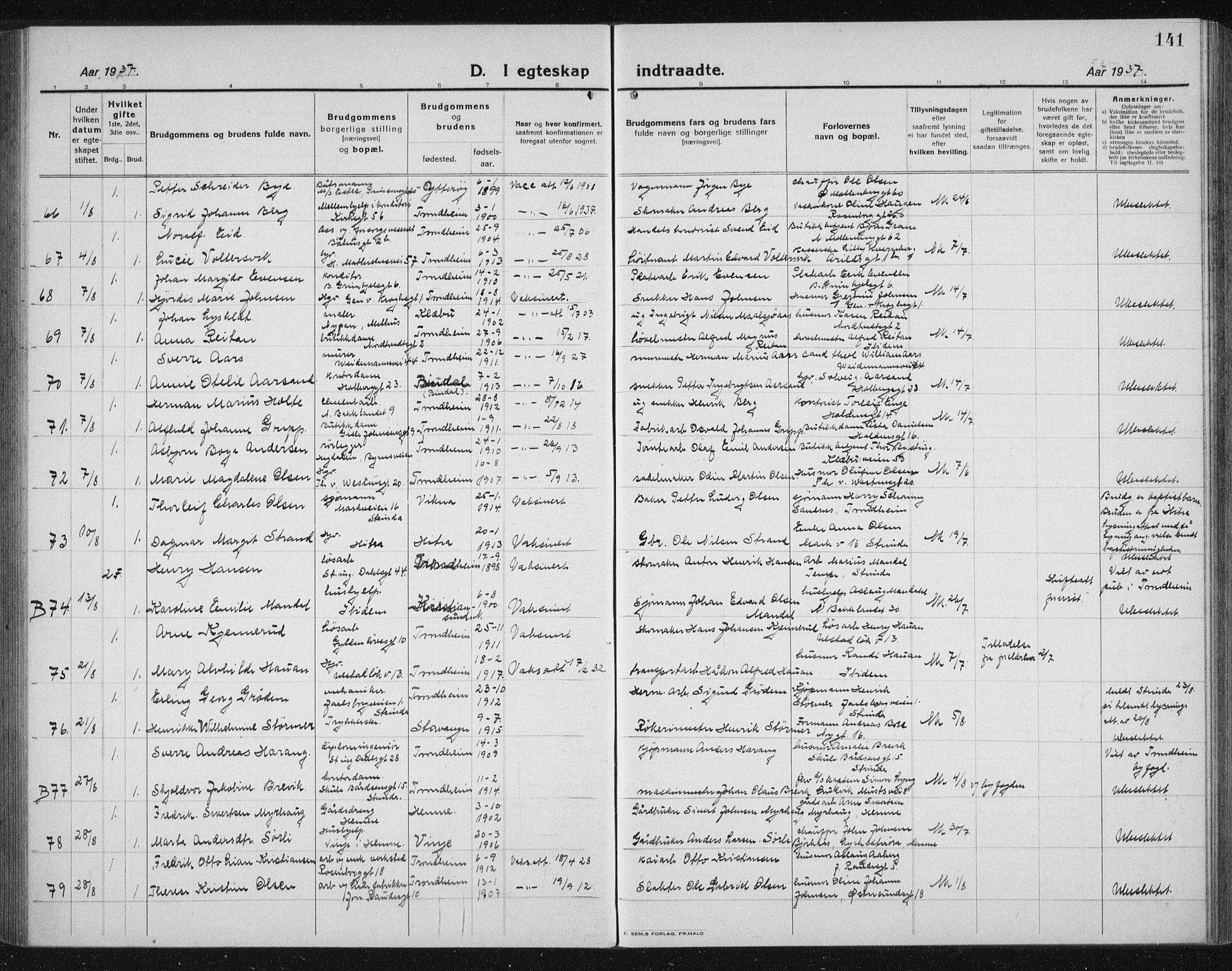 Ministerialprotokoller, klokkerbøker og fødselsregistre - Sør-Trøndelag, AV/SAT-A-1456/605/L0260: Parish register (copy) no. 605C07, 1922-1942, p. 141