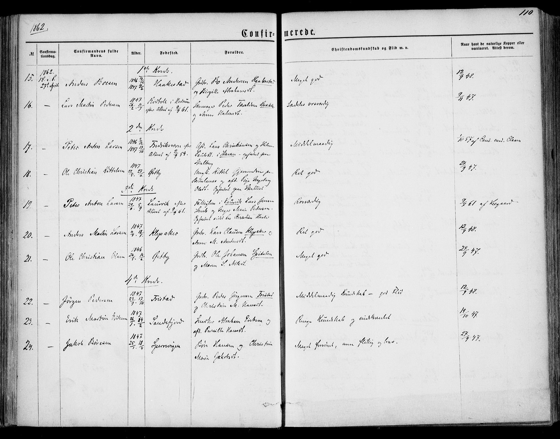 Tjølling kirkebøker, SAKO/A-60/F/Fa/L0007: Parish register (official) no. 7, 1860-1876, p. 110