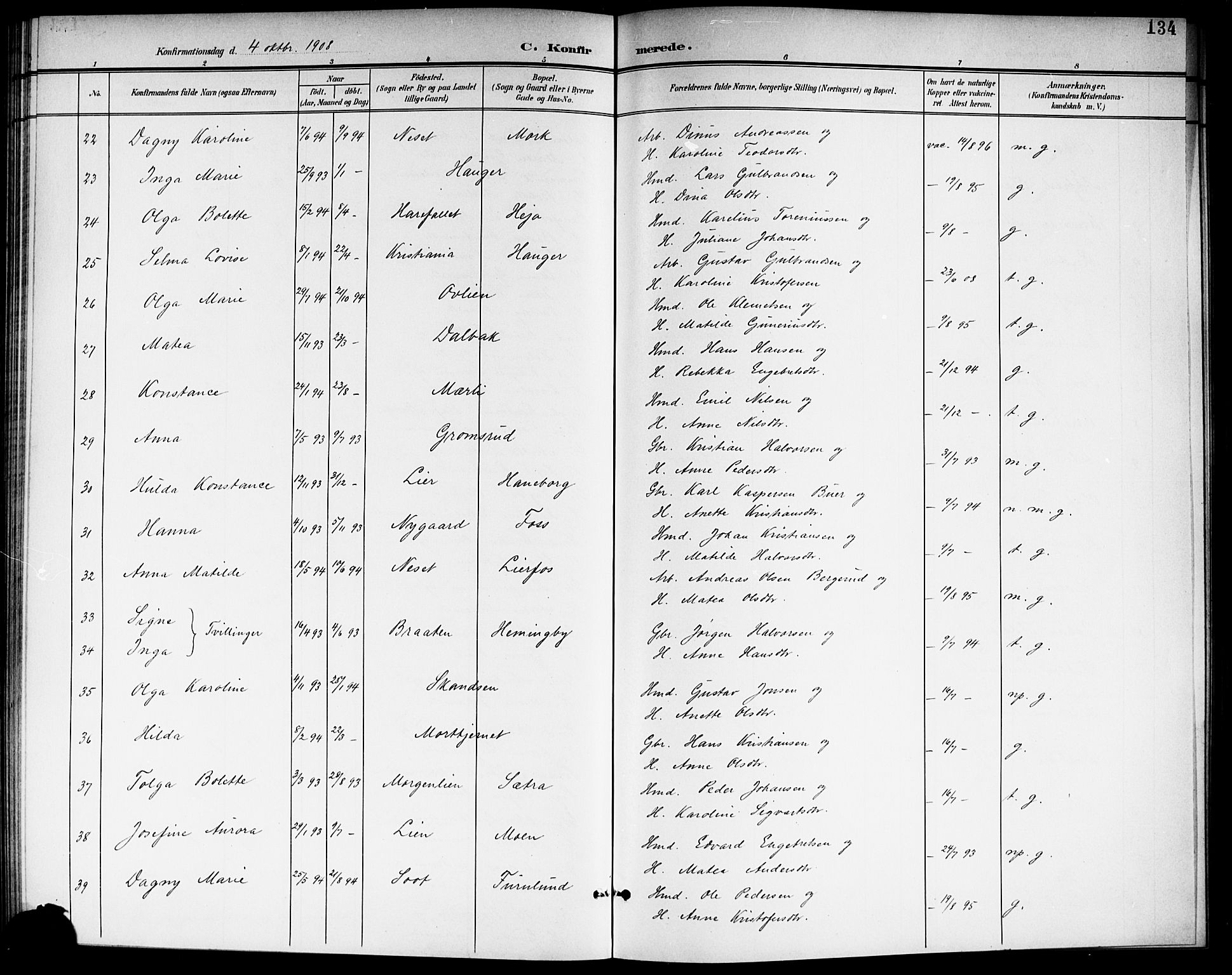 Aurskog prestekontor Kirkebøker, SAO/A-10304a/G/Ga/L0004: Parish register (copy) no. I 4, 1901-1921, p. 134