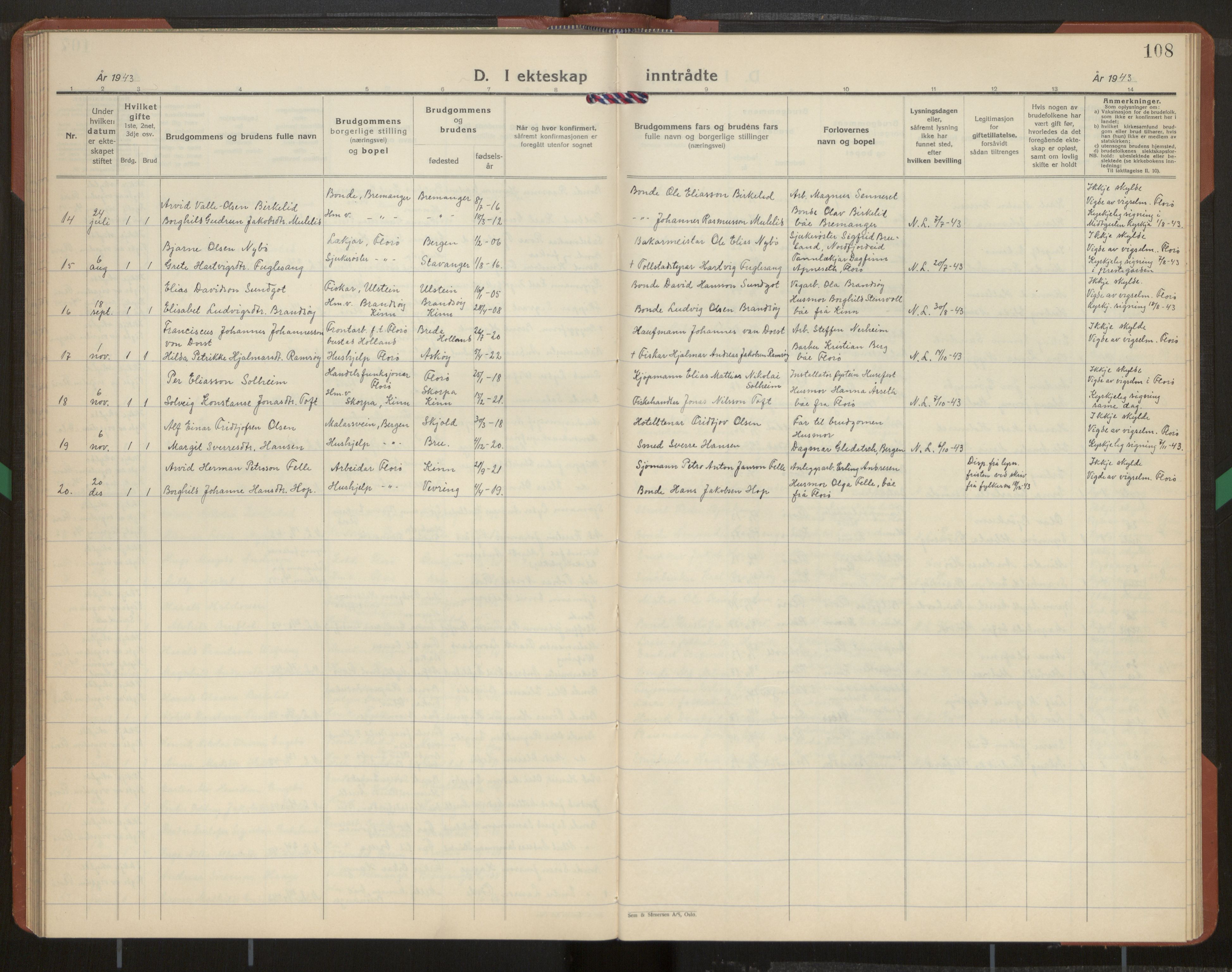 Kinn sokneprestembete, AV/SAB-A-80801/H/Hab/Habb/L0001: Parish register (copy) no. B 1, 1939-1959, p. 108