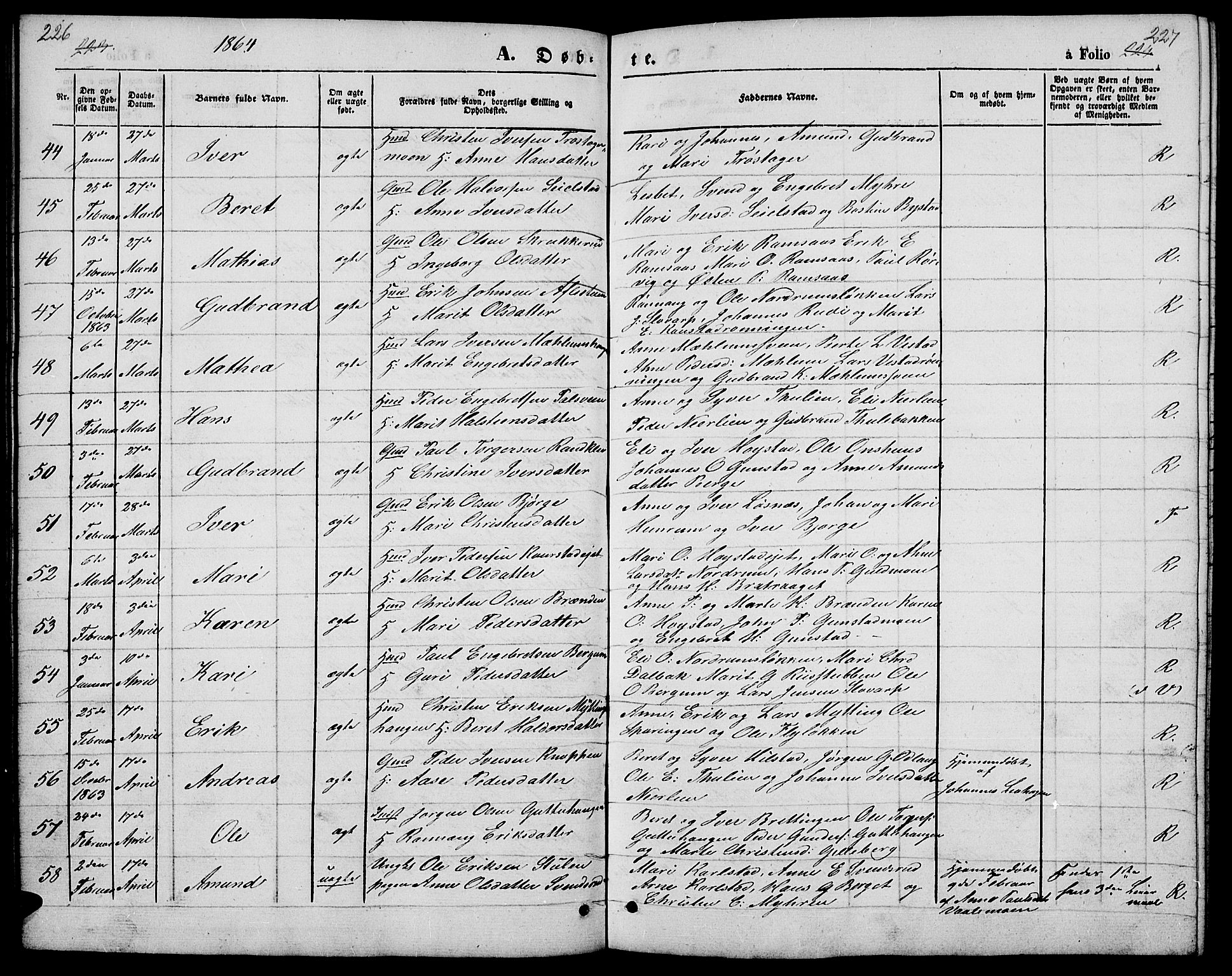 Ringebu prestekontor, SAH/PREST-082/H/Ha/Hab/L0003: Parish register (copy) no. 3, 1854-1866, p. 226-227