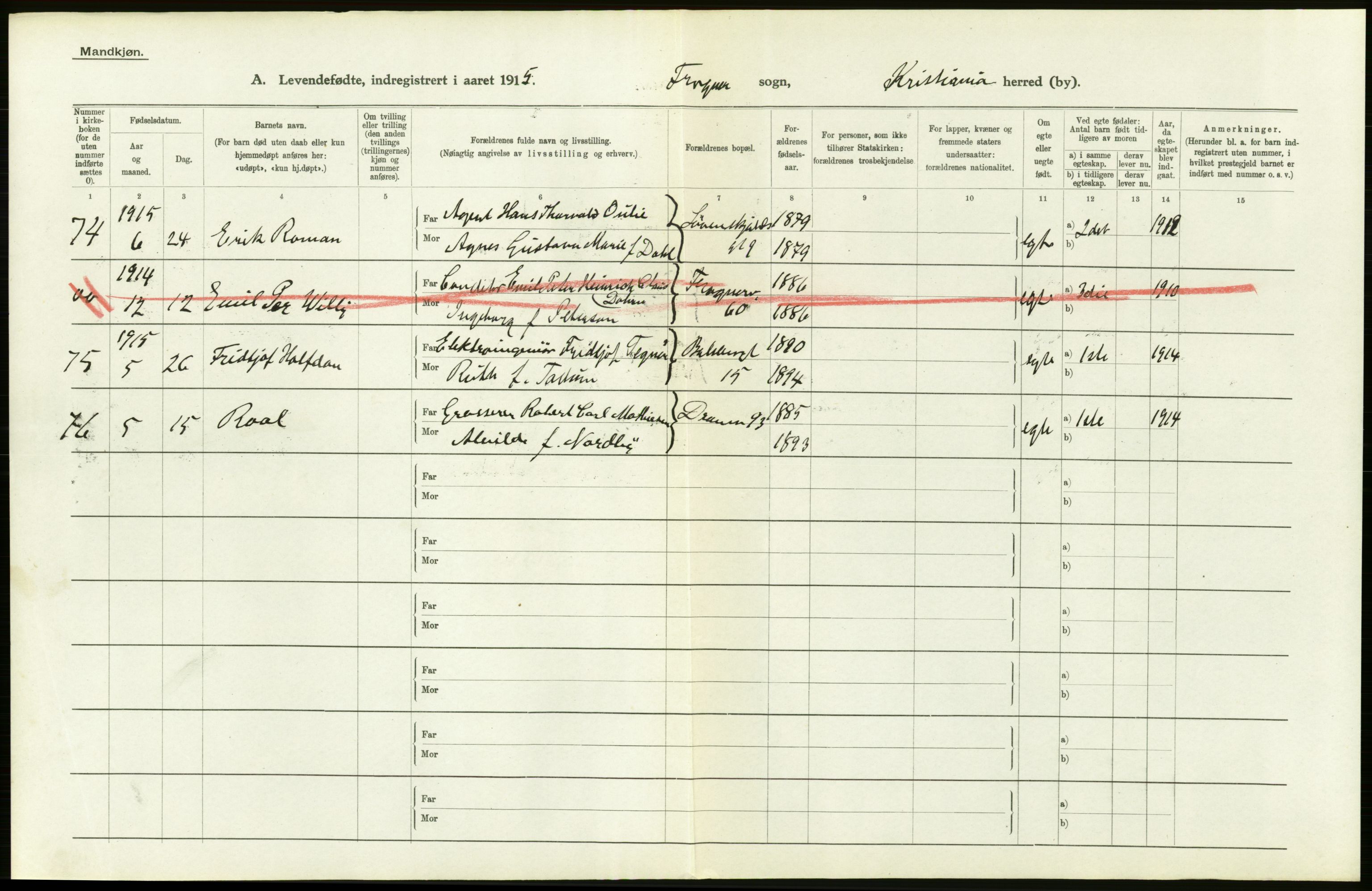 Statistisk sentralbyrå, Sosiodemografiske emner, Befolkning, AV/RA-S-2228/D/Df/Dfb/Dfbe/L0007: Kristiania: Levendefødte menn og kvinner., 1915, p. 560