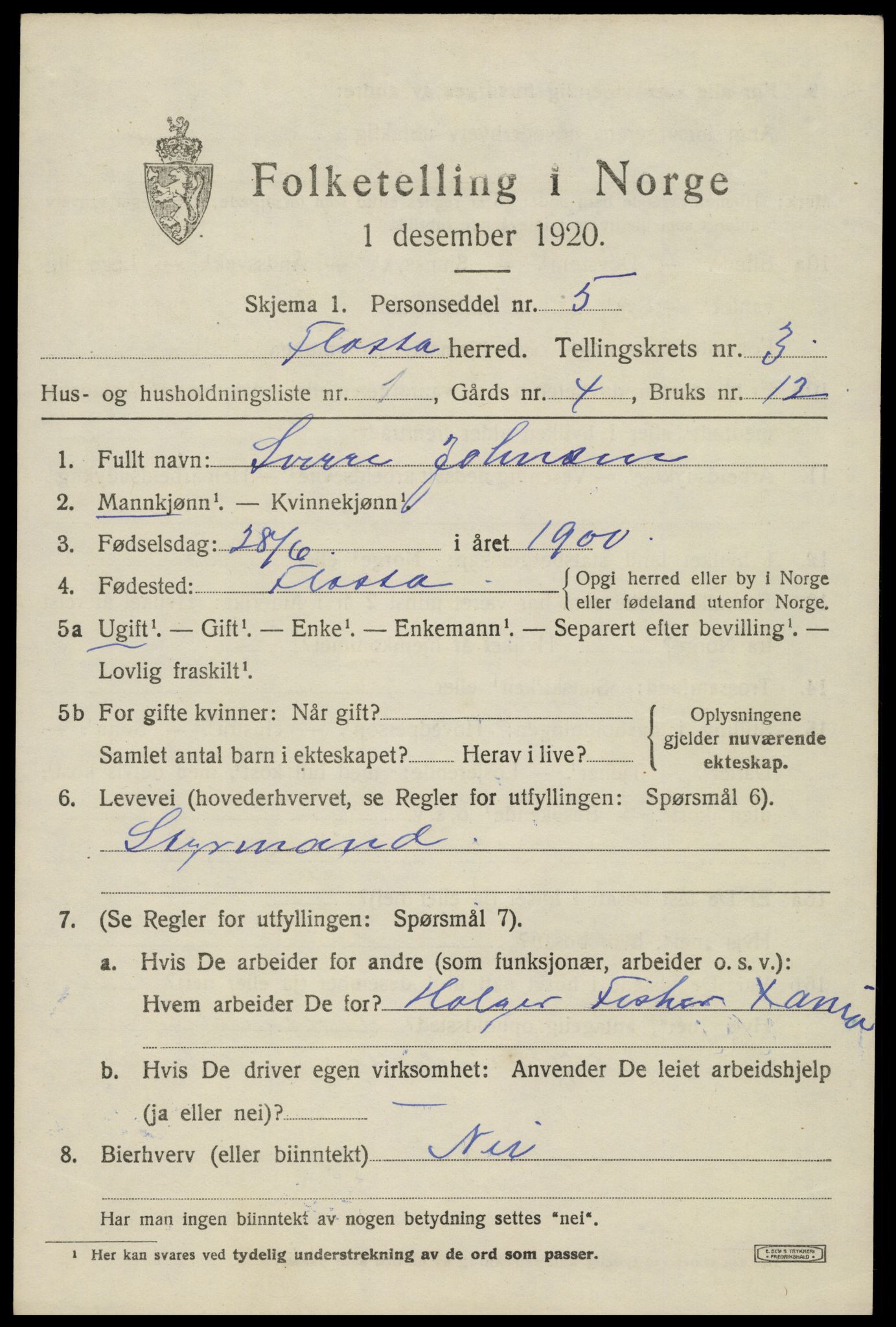 SAK, 1920 census for Flosta, 1920, p. 1676