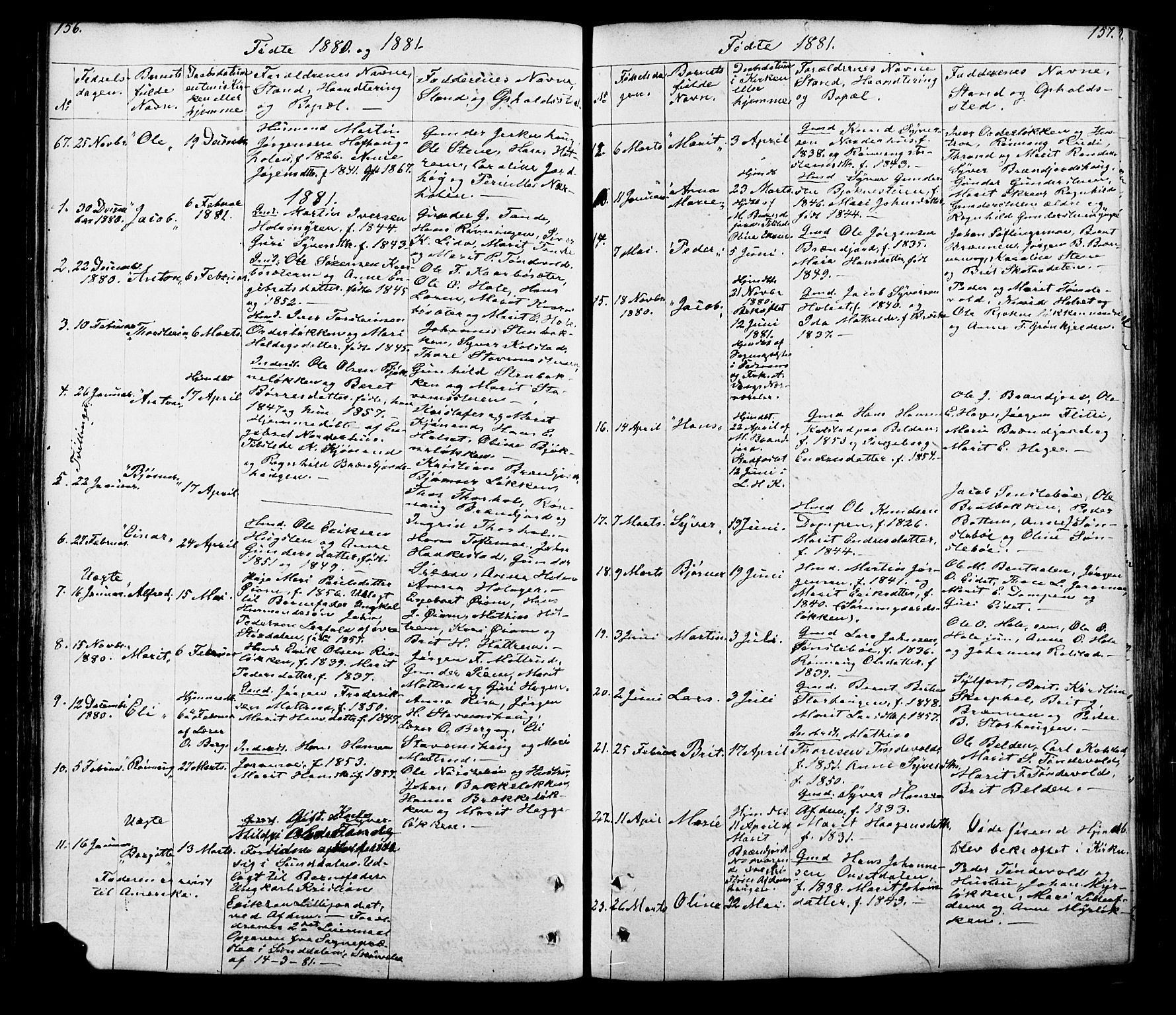 Lesja prestekontor, SAH/PREST-068/H/Ha/Hab/L0005: Parish register (copy) no. 5, 1850-1894, p. 156-157