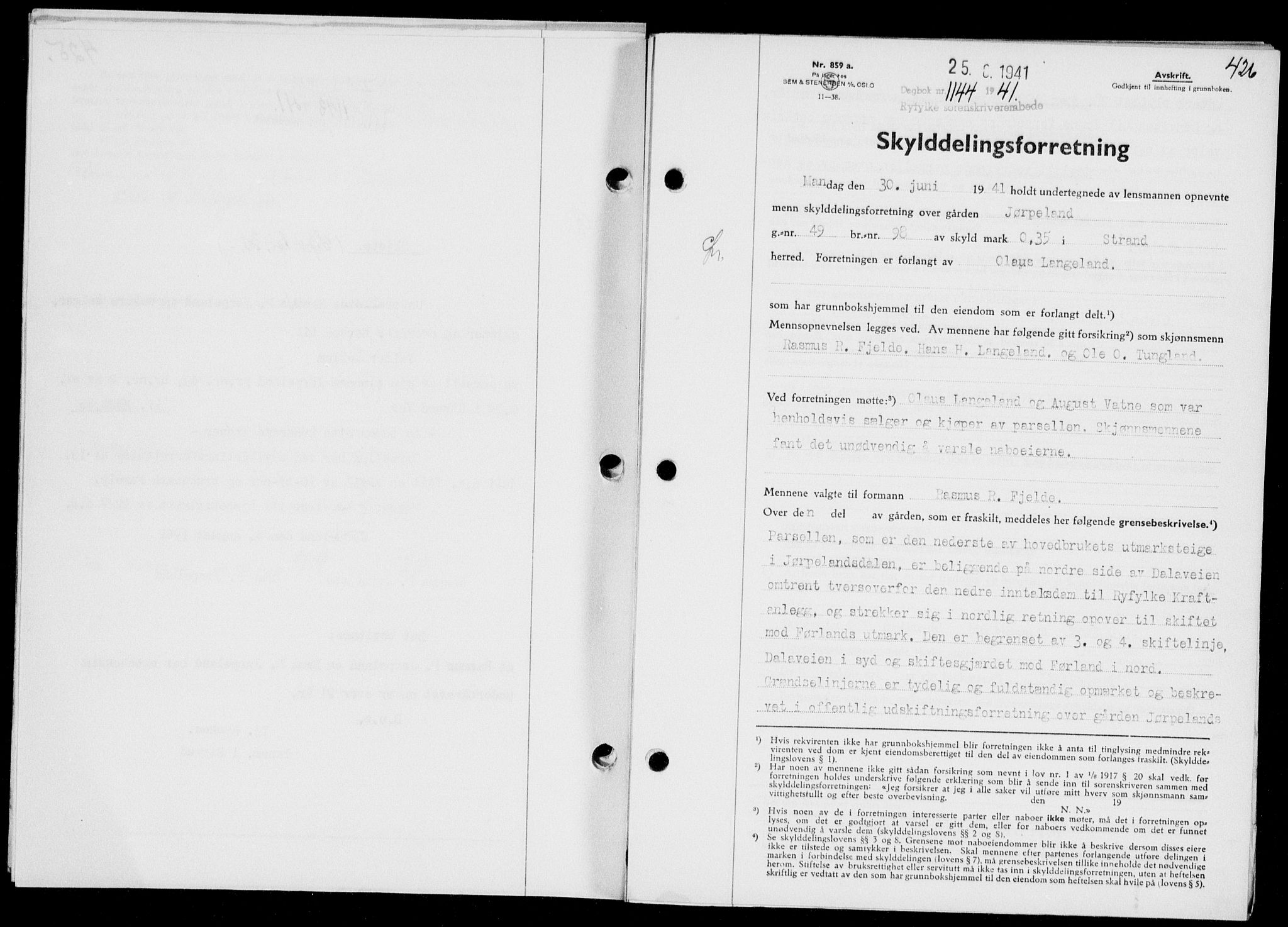 Ryfylke tingrett, SAST/A-100055/001/II/IIB/L0085: Mortgage book no. 64, 1941-1941, Diary no: : 1144/1941