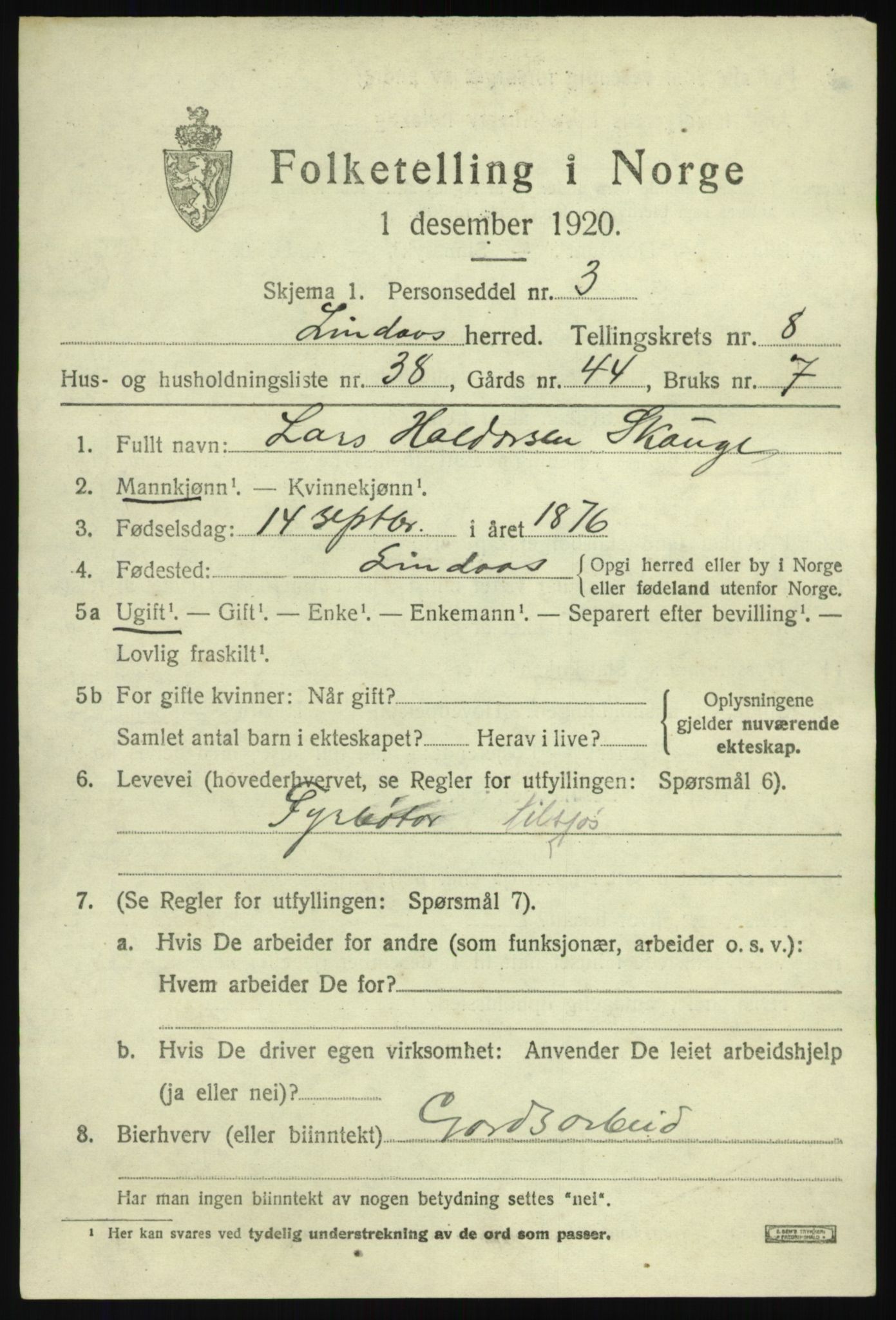 SAB, 1920 census for Lindås, 1920, p. 4763
