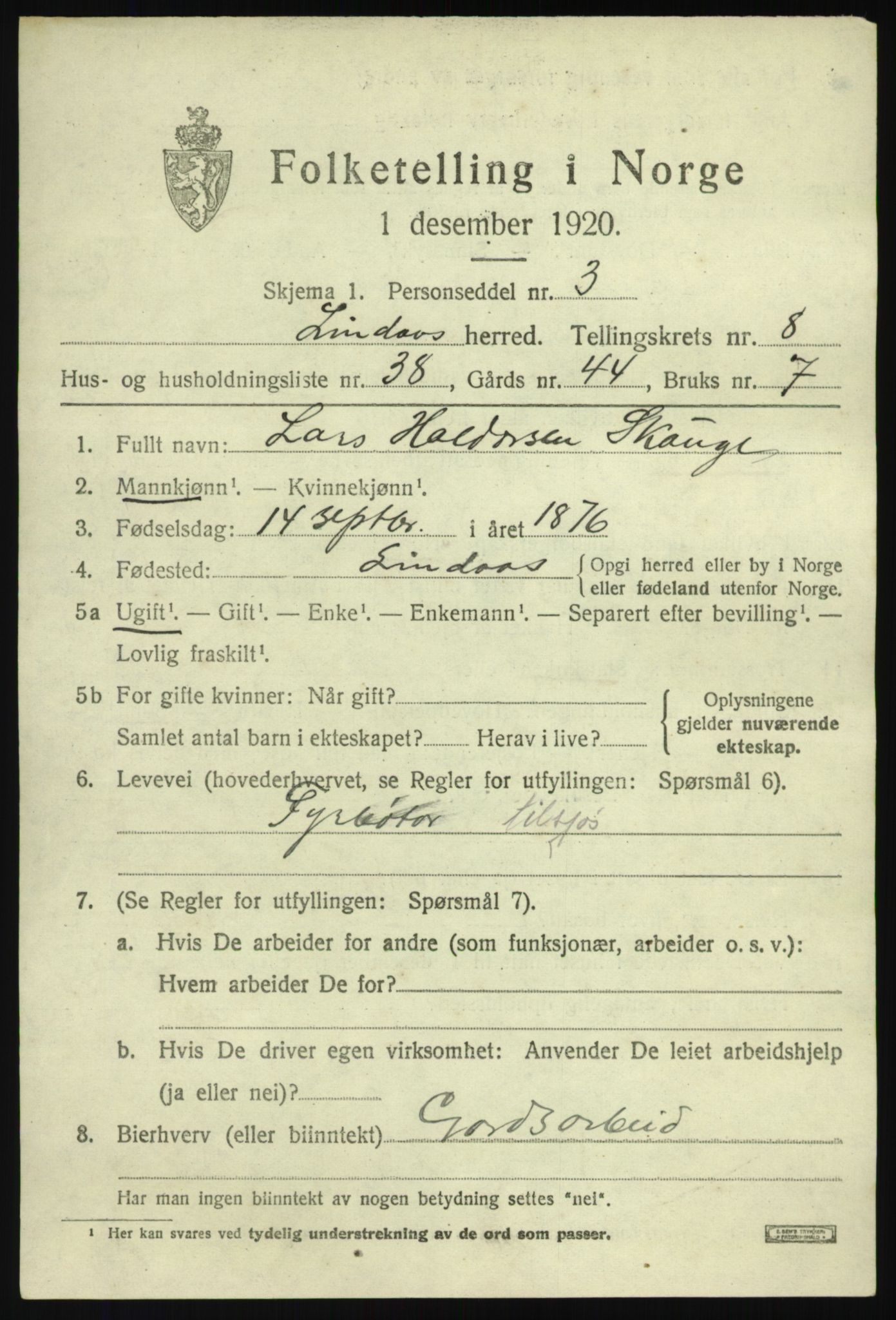 SAB, 1920 census for Lindås, 1920, p. 4763