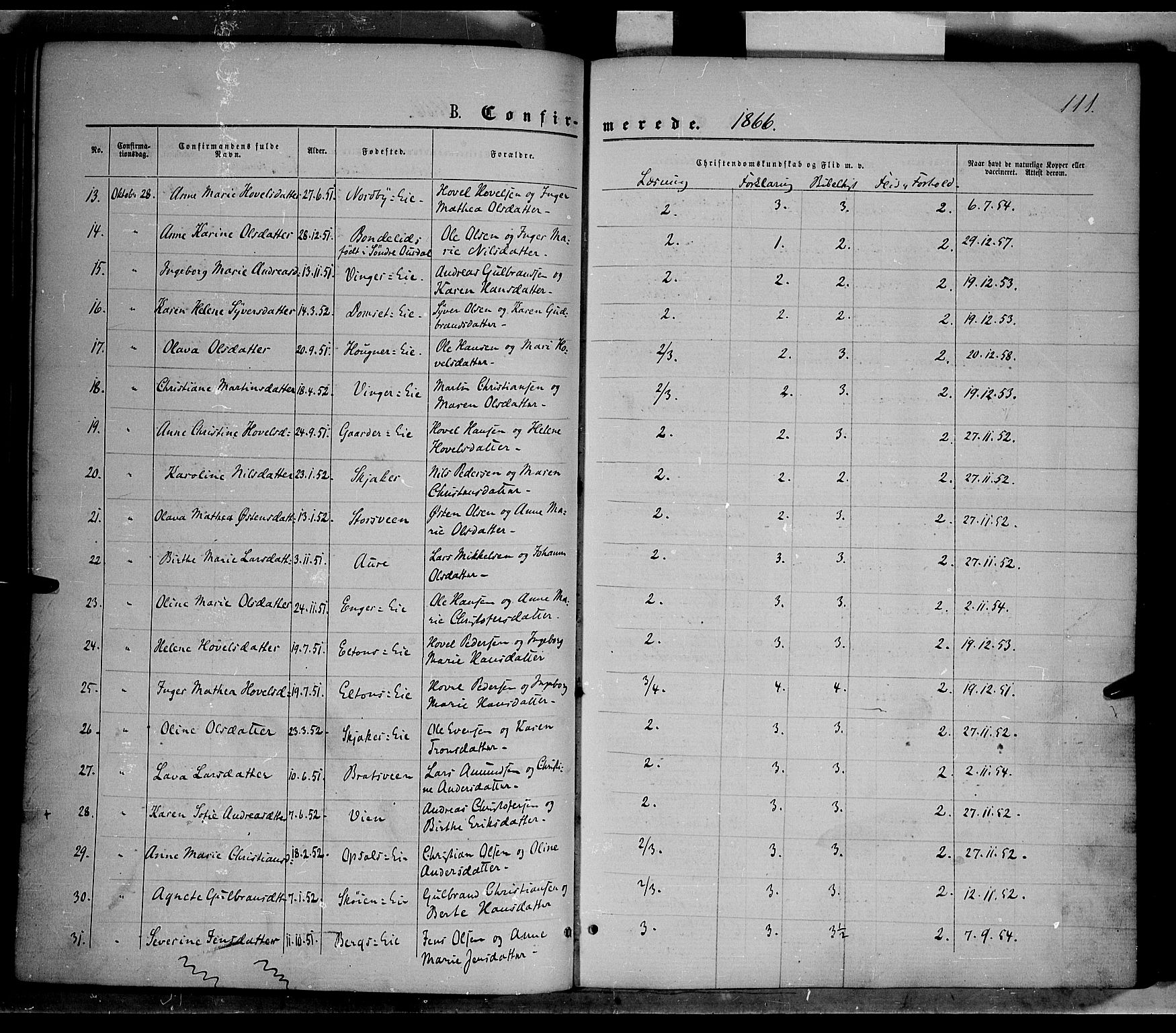 Nordre Land prestekontor, AV/SAH-PREST-124/H/Ha/Haa/L0001: Parish register (official) no. 1, 1860-1871, p. 111