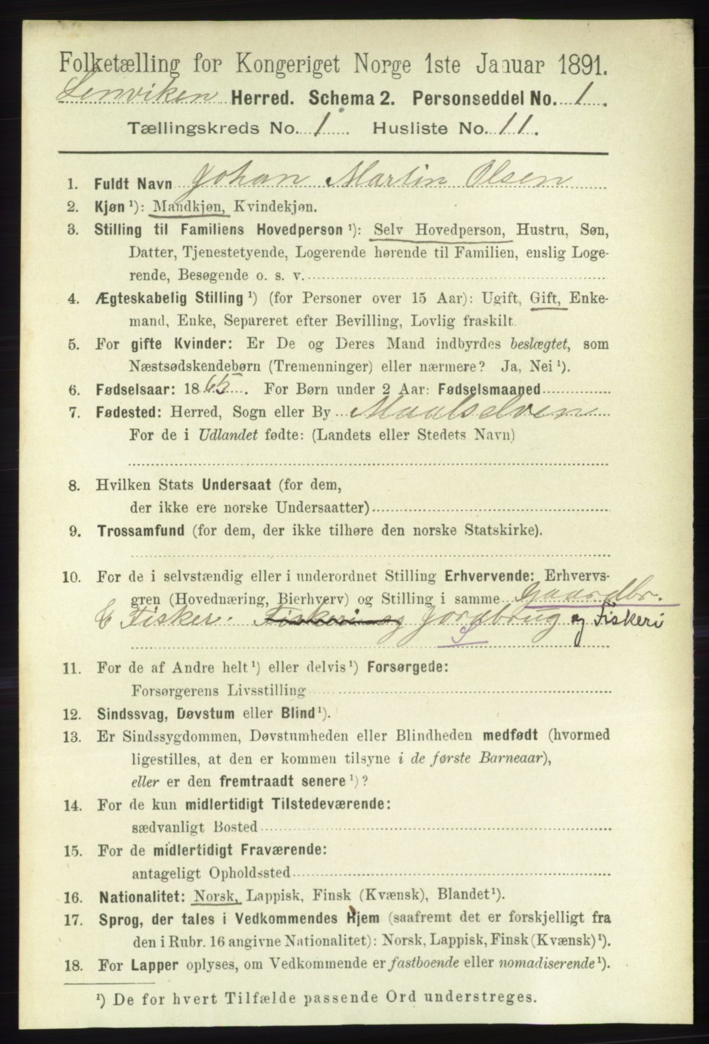 RA, 1891 census for 1931 Lenvik, 1891, p. 169
