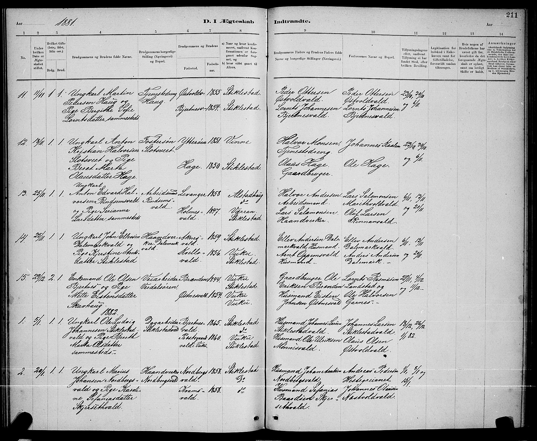 Ministerialprotokoller, klokkerbøker og fødselsregistre - Nord-Trøndelag, SAT/A-1458/723/L0256: Parish register (copy) no. 723C04, 1879-1890, p. 211