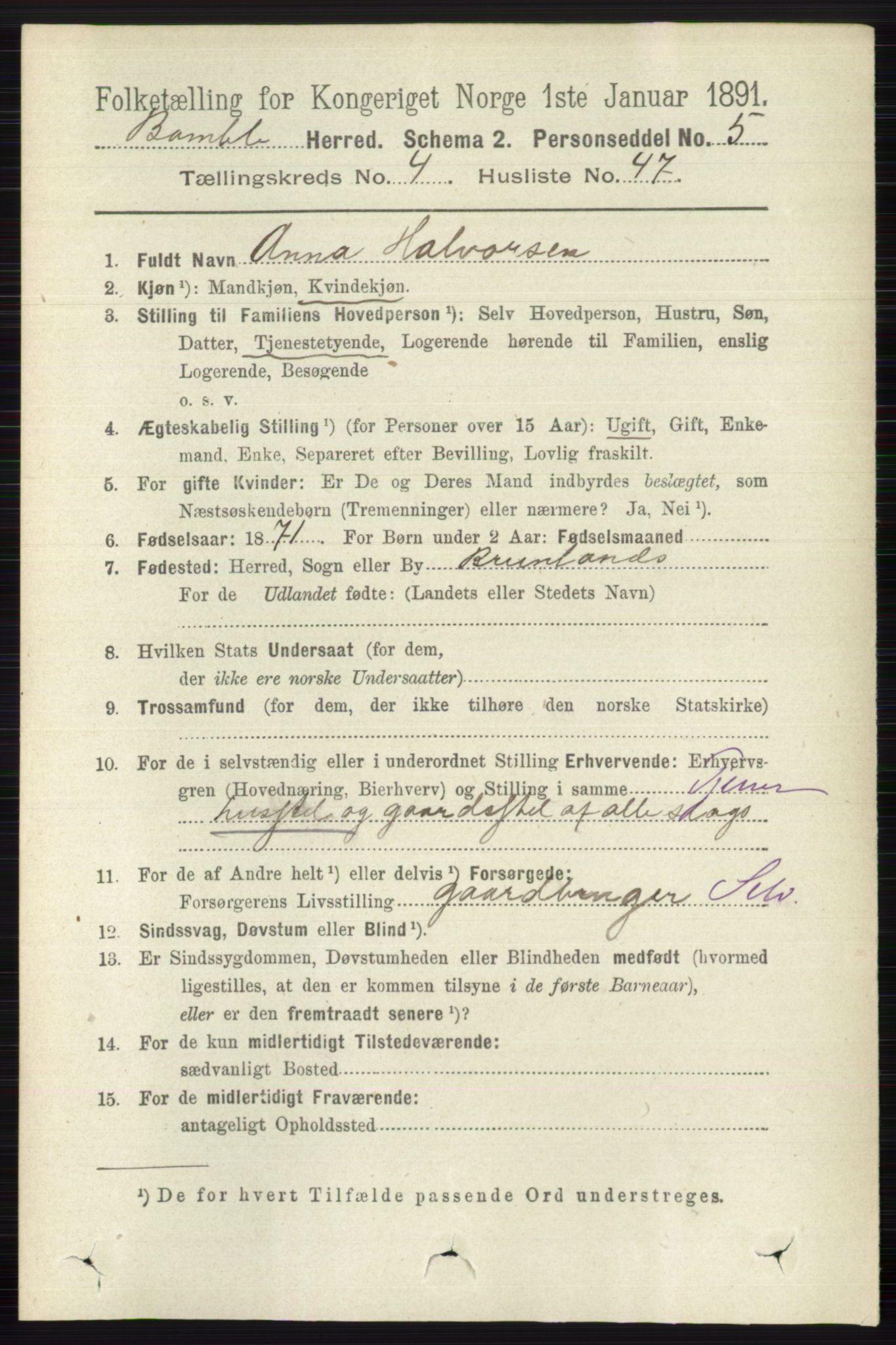 RA, 1891 census for 0814 Bamble, 1891, p. 2019