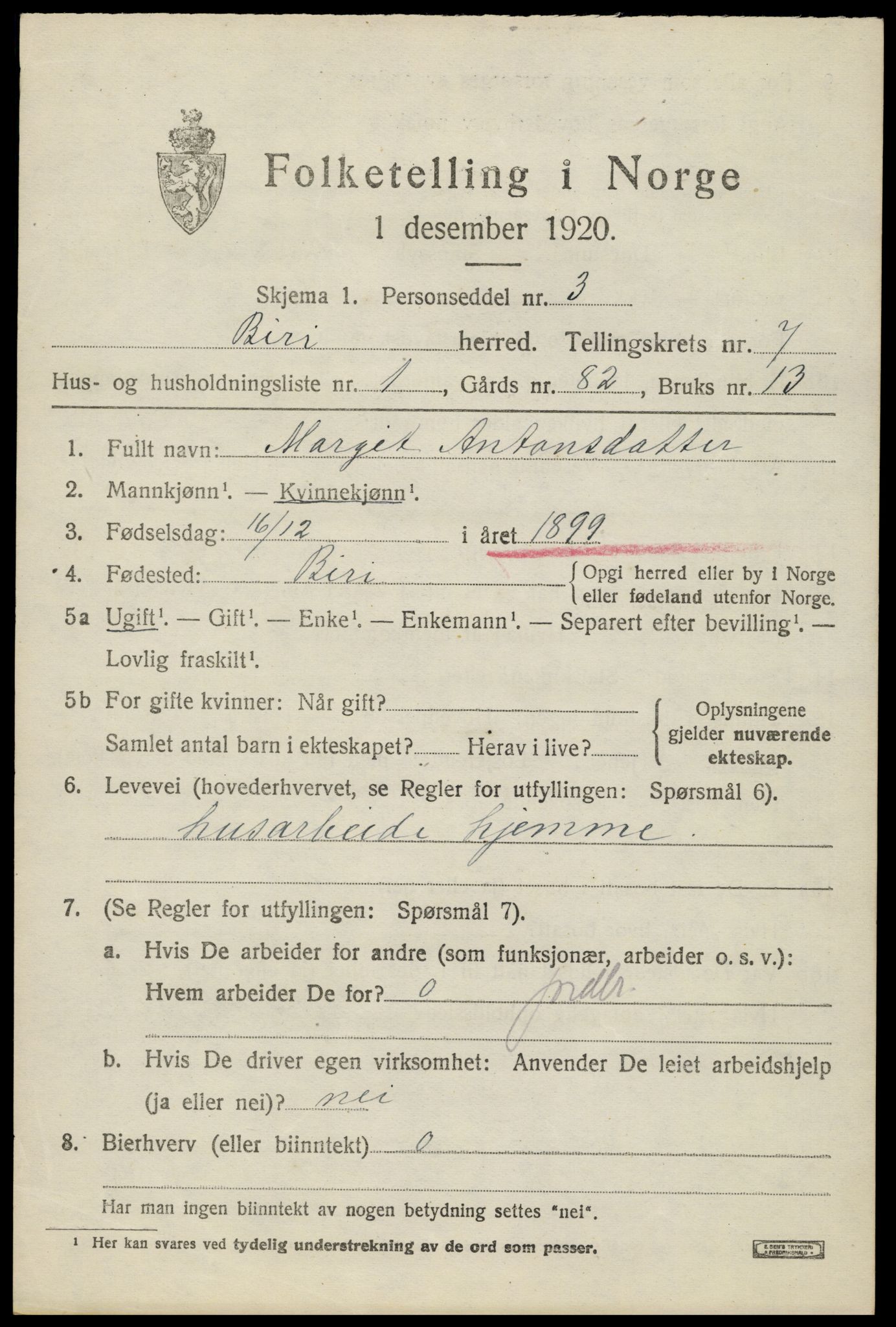 SAH, 1920 census for Biri, 1920, p. 5887