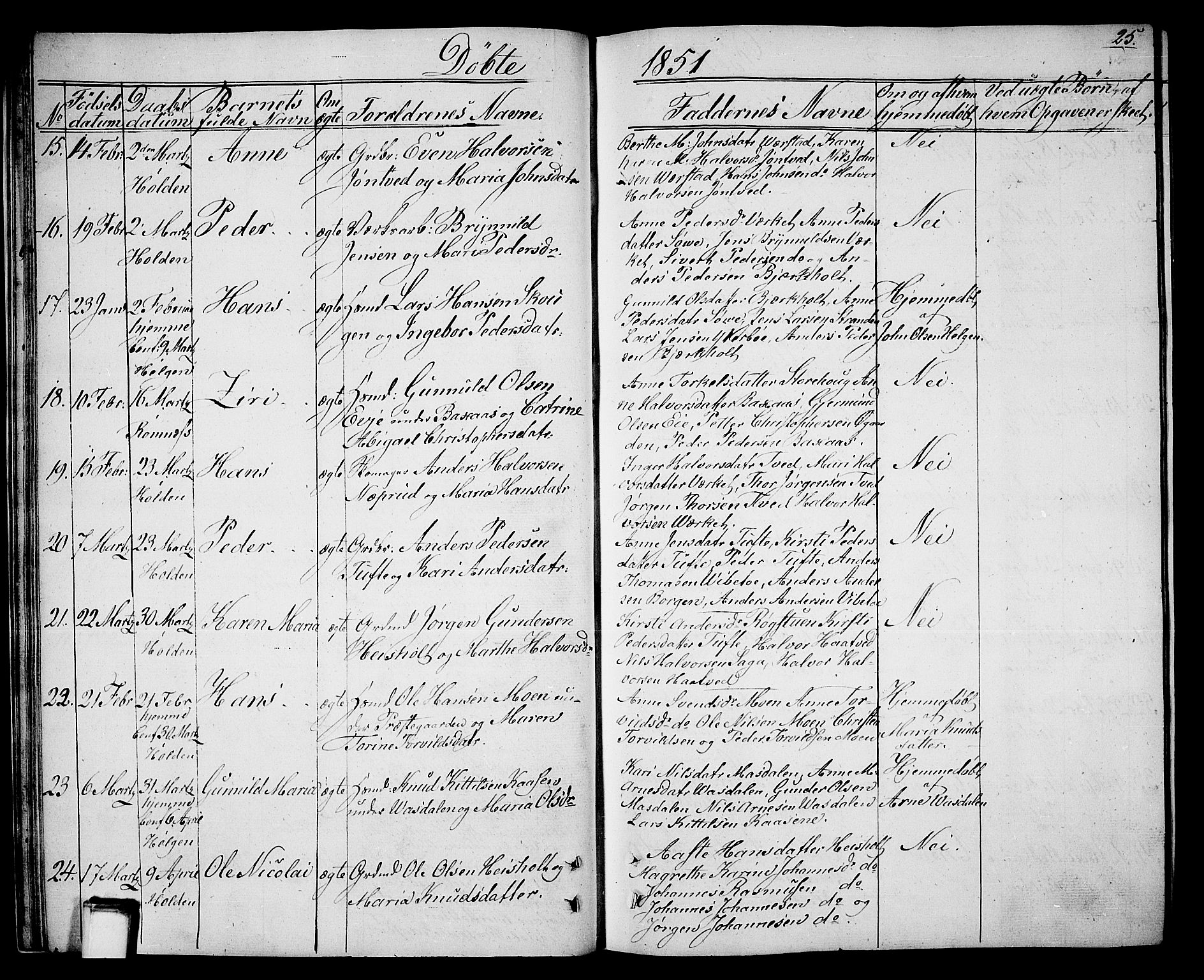 Holla kirkebøker, SAKO/A-272/G/Ga/L0003: Parish register (copy) no. I 3, 1849-1866, p. 25