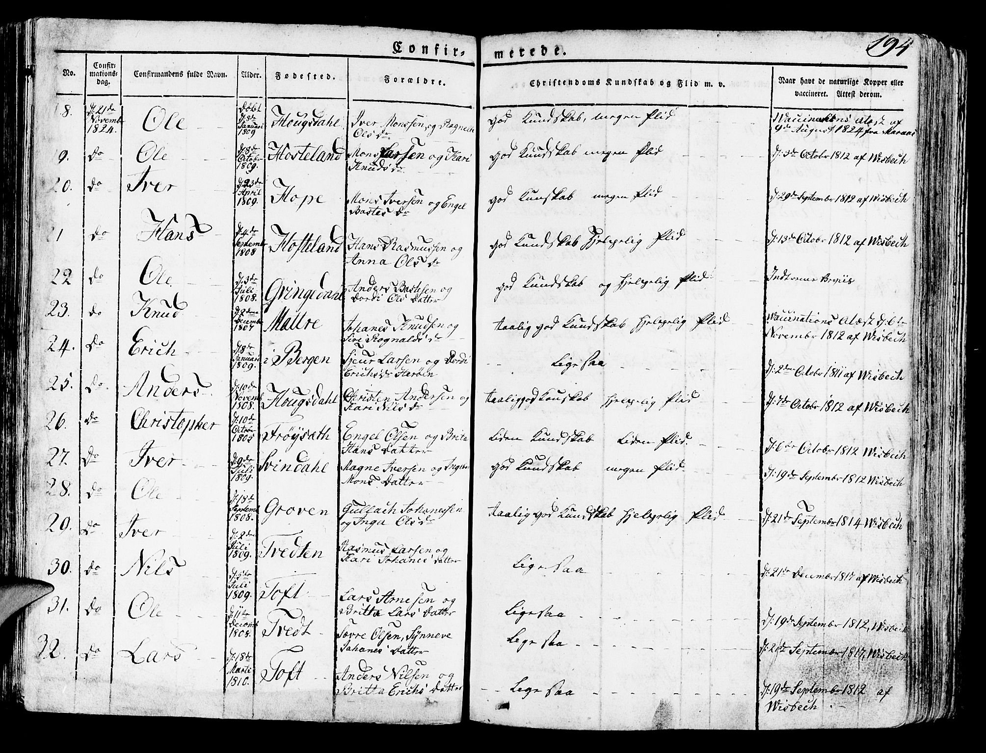 Lindås Sokneprestembete, SAB/A-76701/H/Haa: Parish register (official) no. A 8, 1823-1836, p. 194