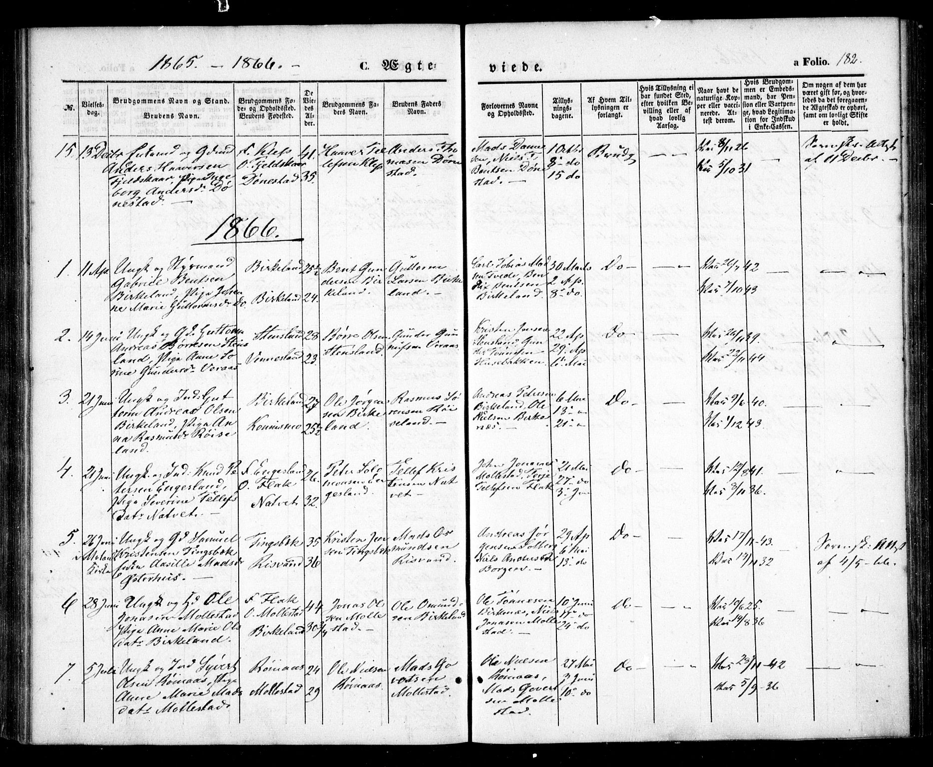 Birkenes sokneprestkontor, SAK/1111-0004/F/Fa/L0003: Parish register (official) no. A 3, 1850-1866, p. 182