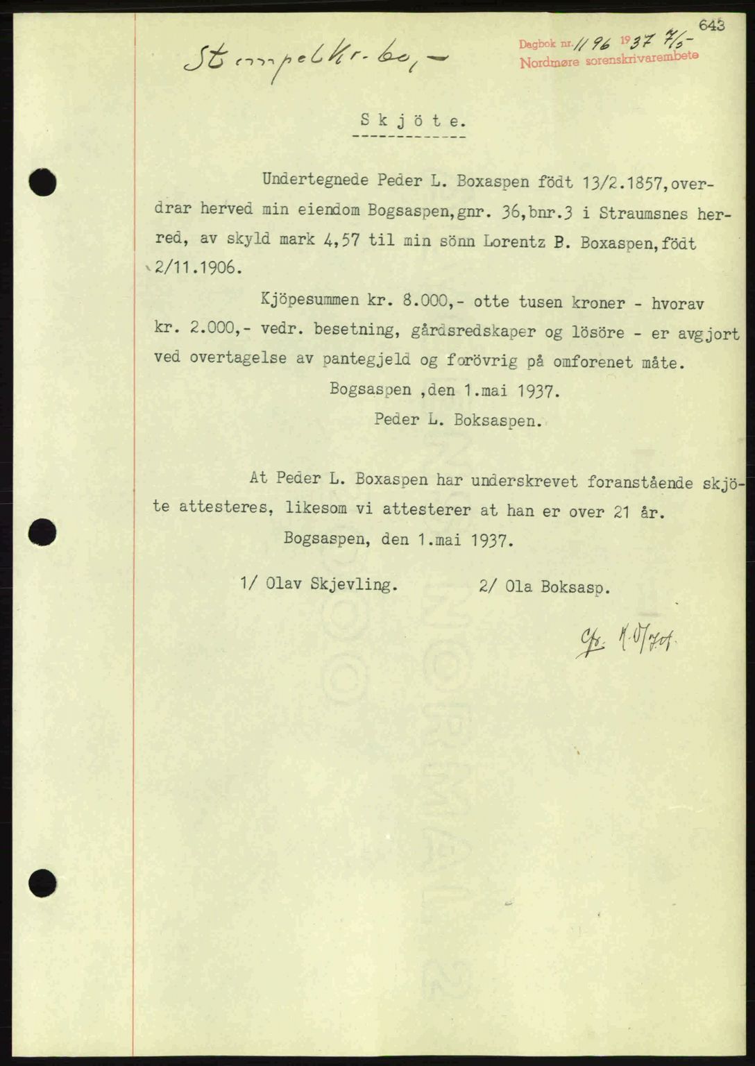 Nordmøre sorenskriveri, AV/SAT-A-4132/1/2/2Ca: Mortgage book no. A81, 1937-1937, Diary no: : 1196/1937