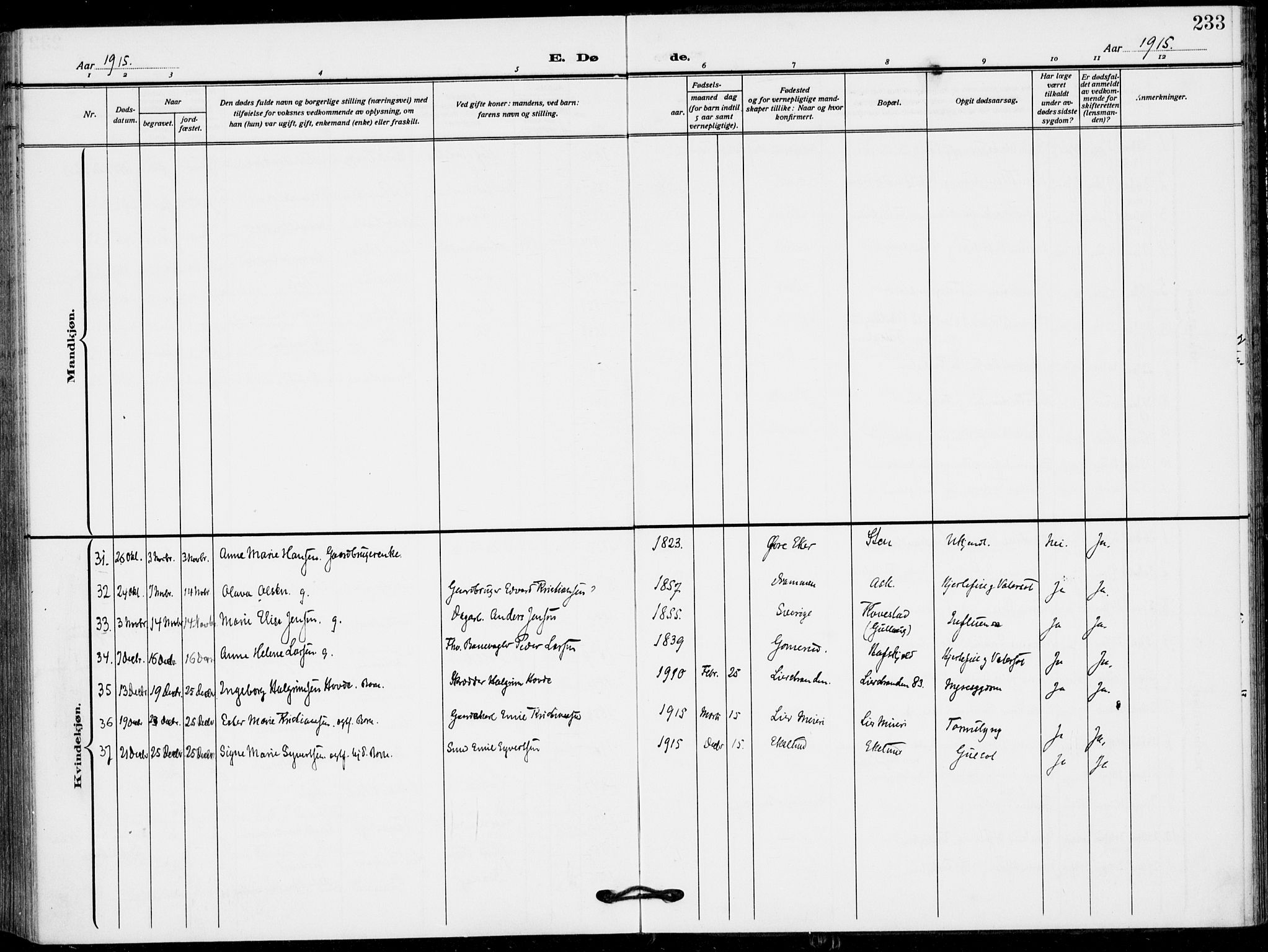 Lier kirkebøker, AV/SAKO-A-230/F/Fa/L0018: Parish register (official) no. I 18, 1909-1917, p. 233