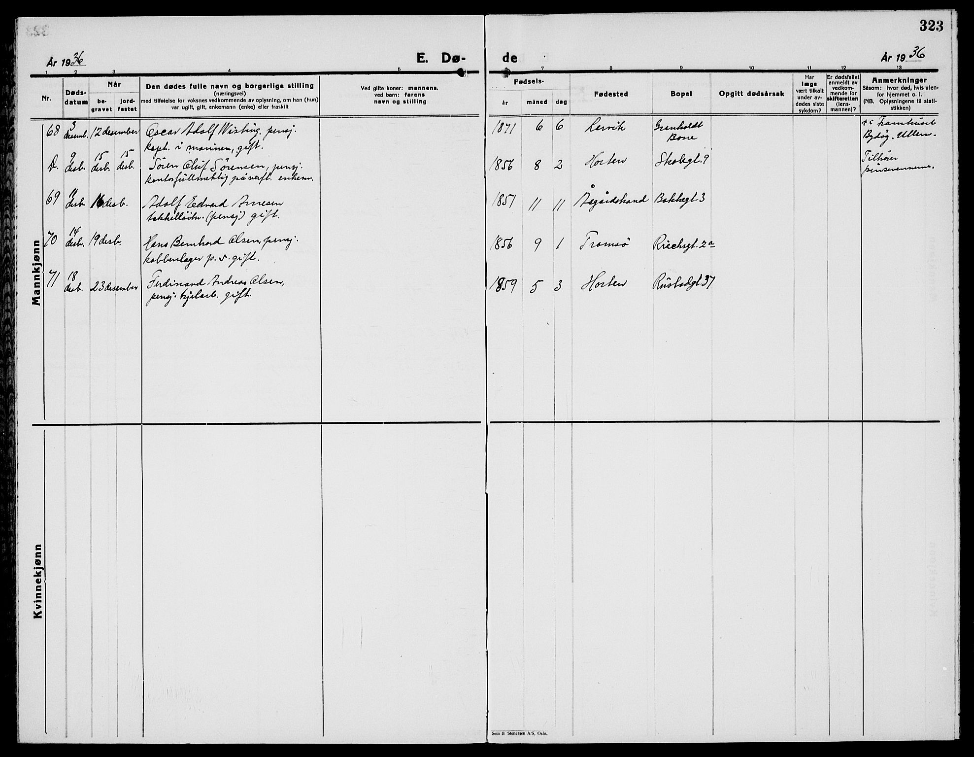 Horten kirkebøker, AV/SAKO-A-348/G/Ga/L0009: Parish register (copy) no. 9, 1926-1936, p. 323