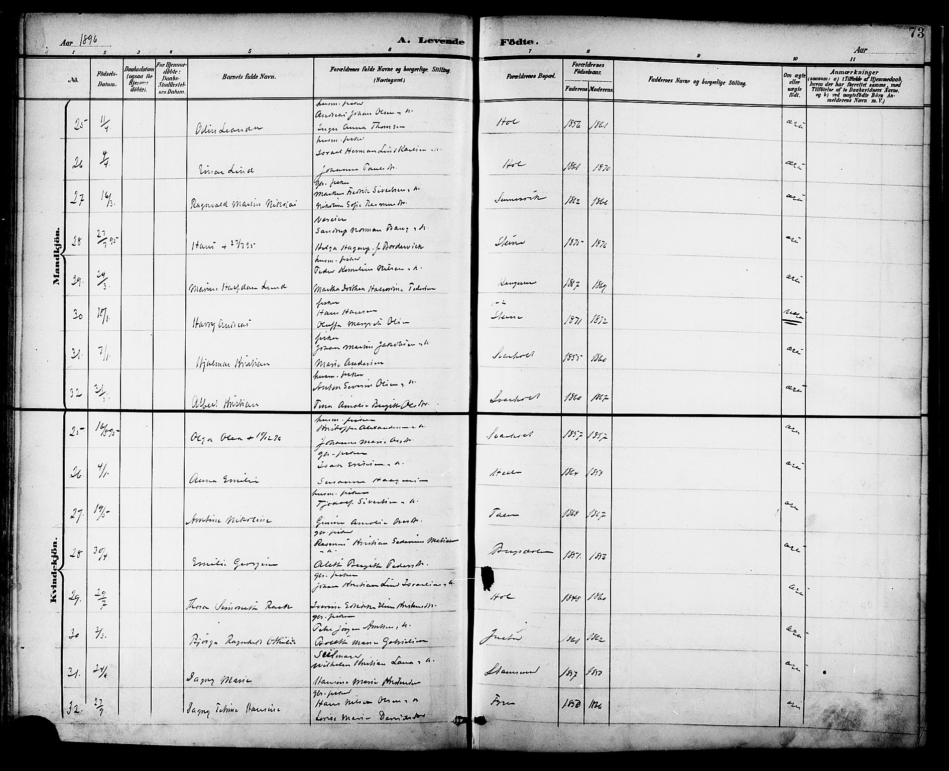Ministerialprotokoller, klokkerbøker og fødselsregistre - Nordland, SAT/A-1459/882/L1179: Parish register (official) no. 882A01, 1886-1898, p. 73