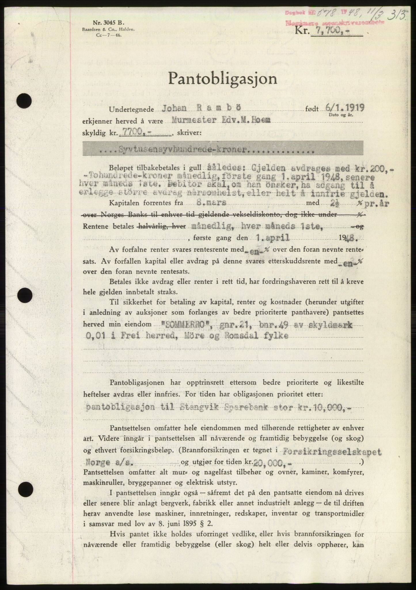 Nordmøre sorenskriveri, AV/SAT-A-4132/1/2/2Ca: Mortgage book no. B98, 1948-1948, Diary no: : 578/1948