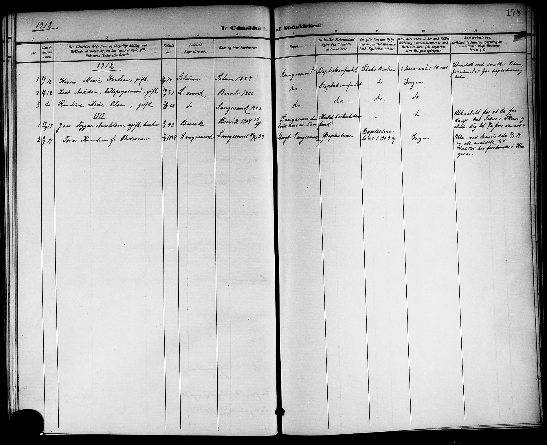 Langesund kirkebøker, SAKO/A-280/G/Ga/L0006: Parish register (copy) no. 6, 1899-1918, p. 178