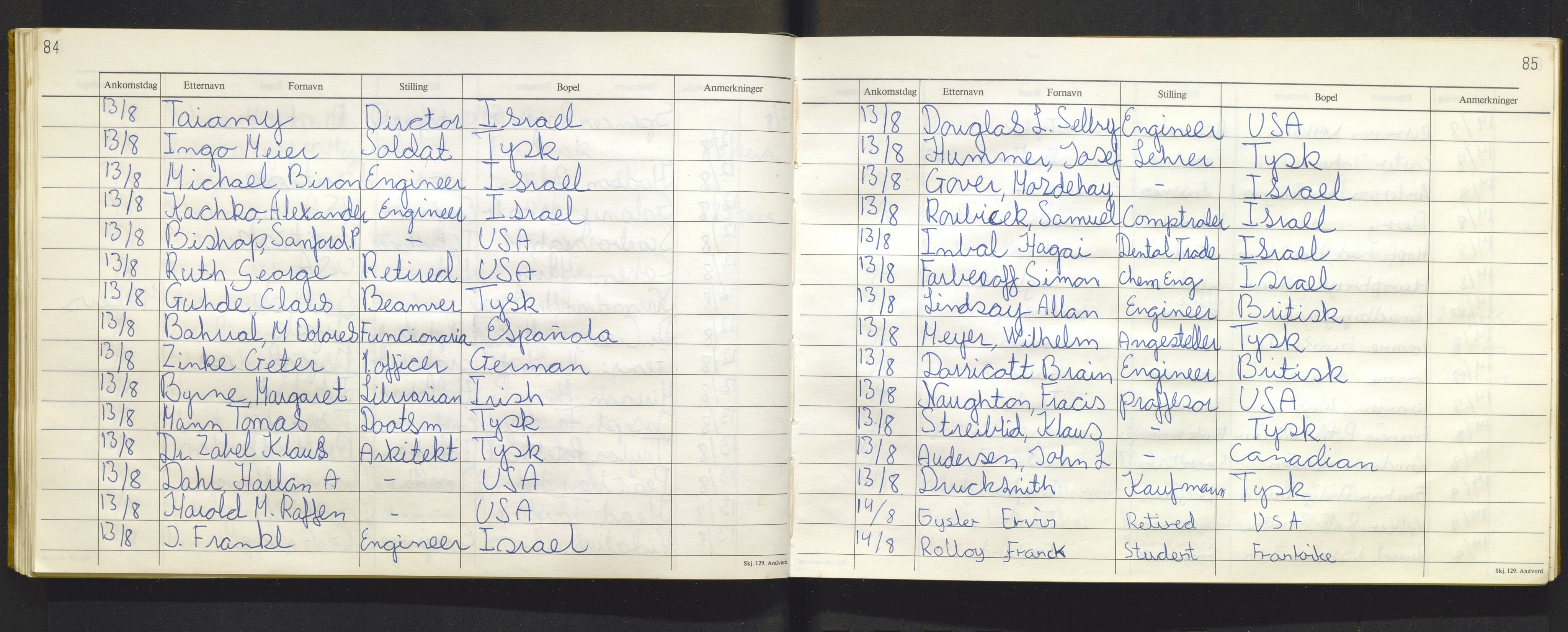 Bergen politikammer / politidistrikt, AV/SAB-A-60401/J.f/L0009: Fremmedbok for Fantoft sommerhotell, 1984-1985, p. 84-85