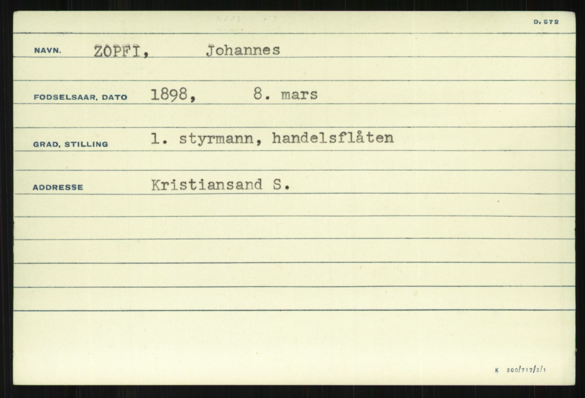 Direktoratet for sjømenn, RA/S-3545/G/Gi/L0009: Kartotek over krigsdekorasjoner tildelt nordmenn under krigen, 1940-1945, p. 1423