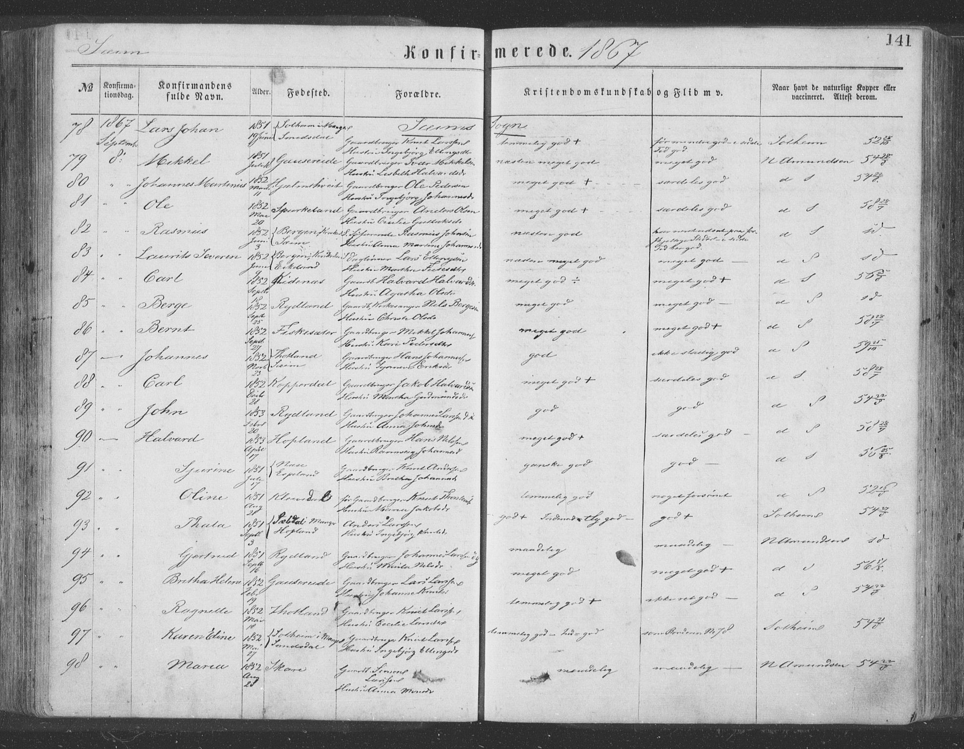 Hosanger sokneprestembete, AV/SAB-A-75801/H/Haa: Parish register (official) no. A 9, 1864-1876, p. 141