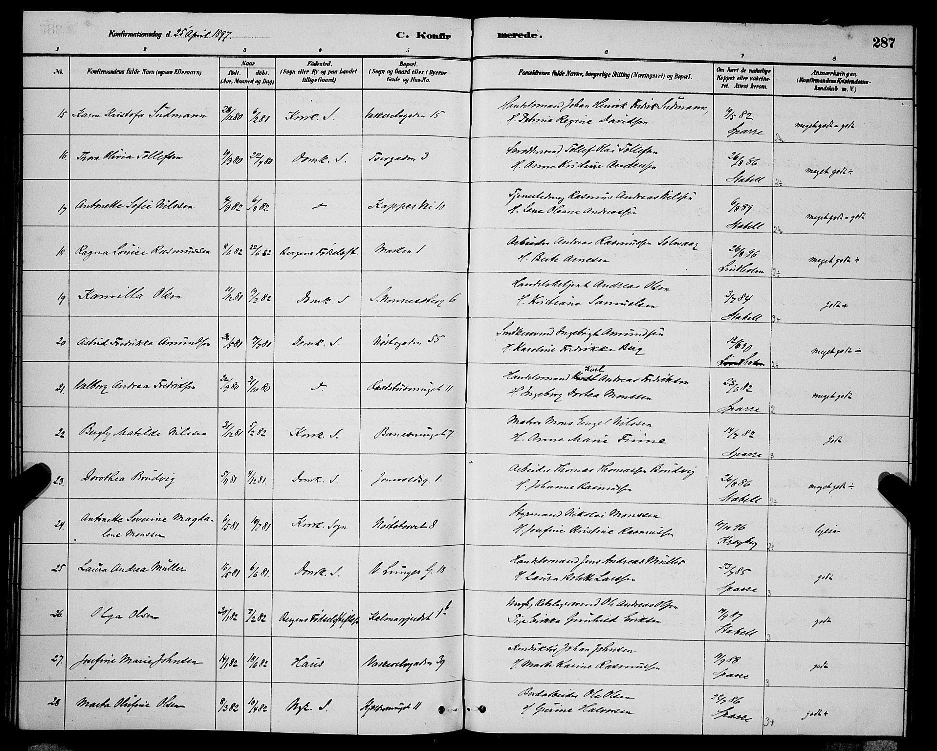 Domkirken sokneprestembete, SAB/A-74801/H/Hab/L0024: Parish register (copy) no. C 4, 1880-1899, p. 287