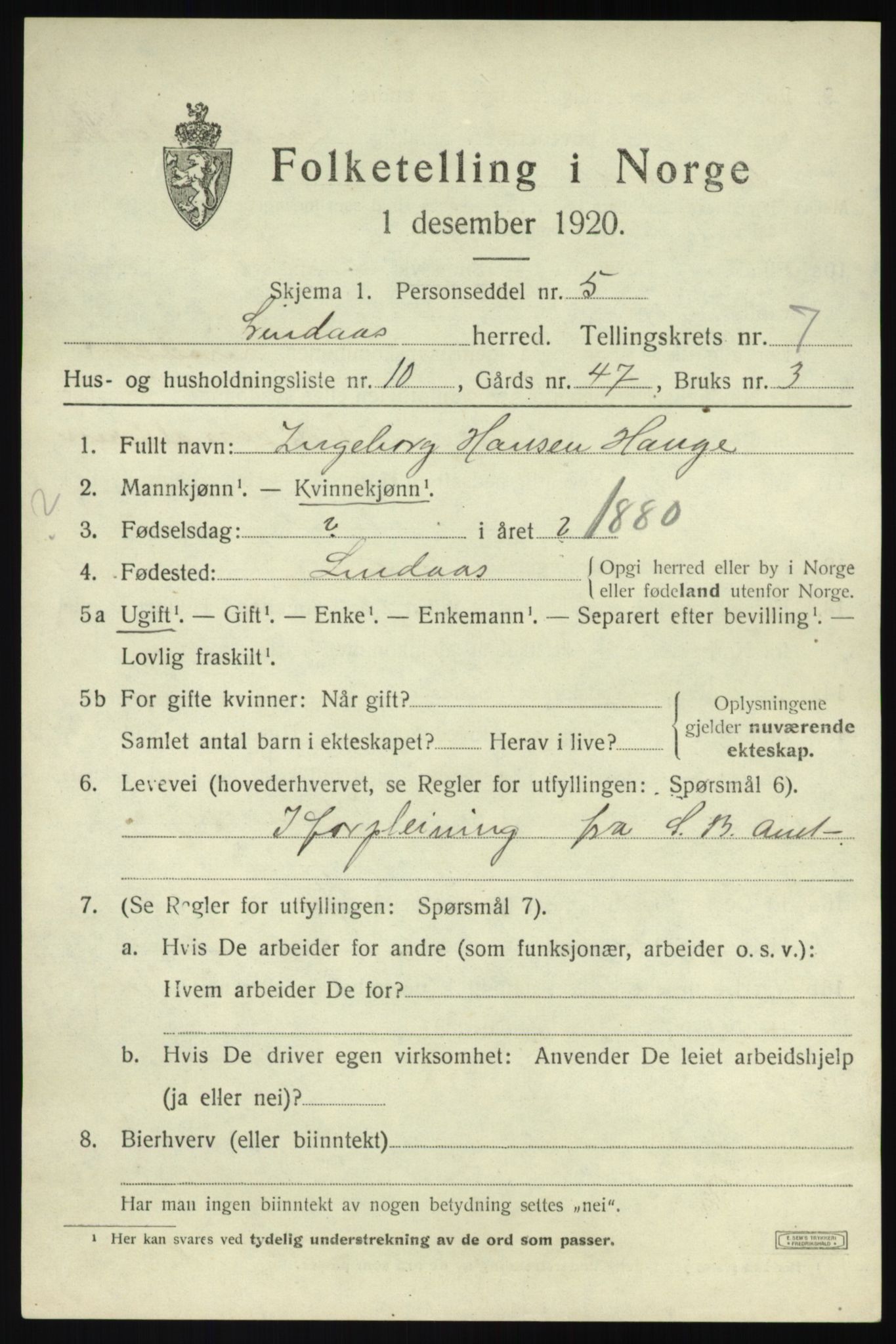 SAB, 1920 census for Lindås, 1920, p. 4143