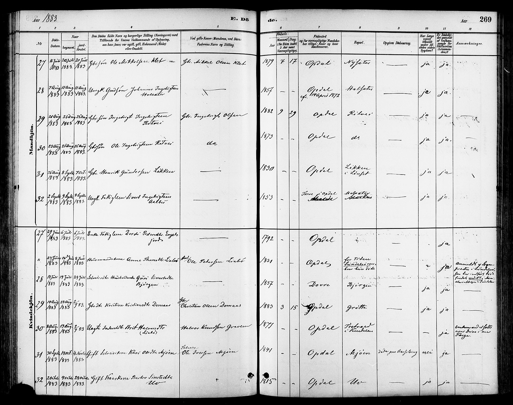 Ministerialprotokoller, klokkerbøker og fødselsregistre - Sør-Trøndelag, AV/SAT-A-1456/678/L0901: Parish register (official) no. 678A10, 1881-1894, p. 269