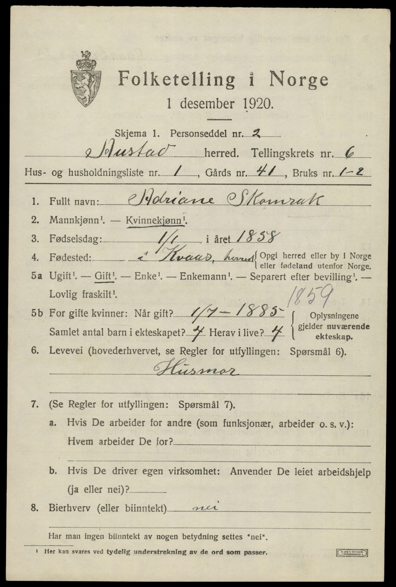 SAK, 1920 census for Austad, 1920, p. 1877