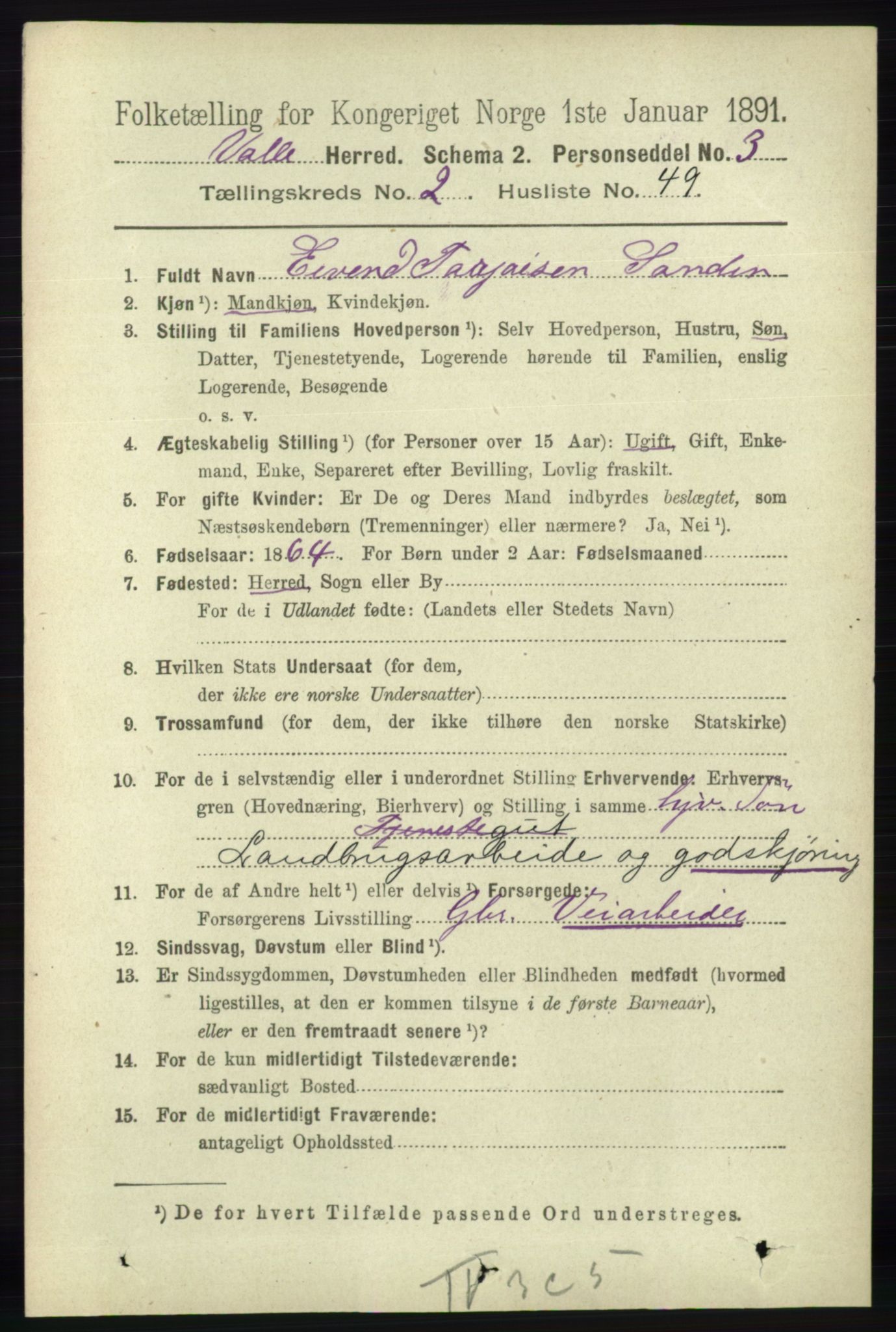 RA, 1891 census for 0940 Valle, 1891, p. 625