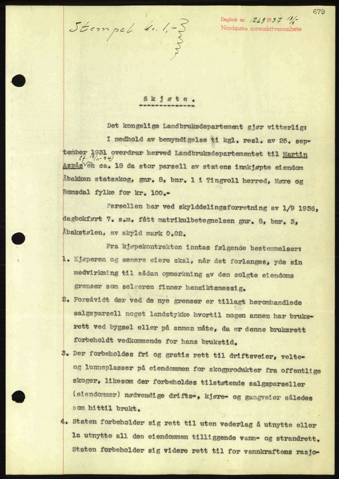 Nordmøre sorenskriveri, AV/SAT-A-4132/1/2/2Ca: Mortgage book no. A81, 1937-1937, Diary no: : 1263/1937