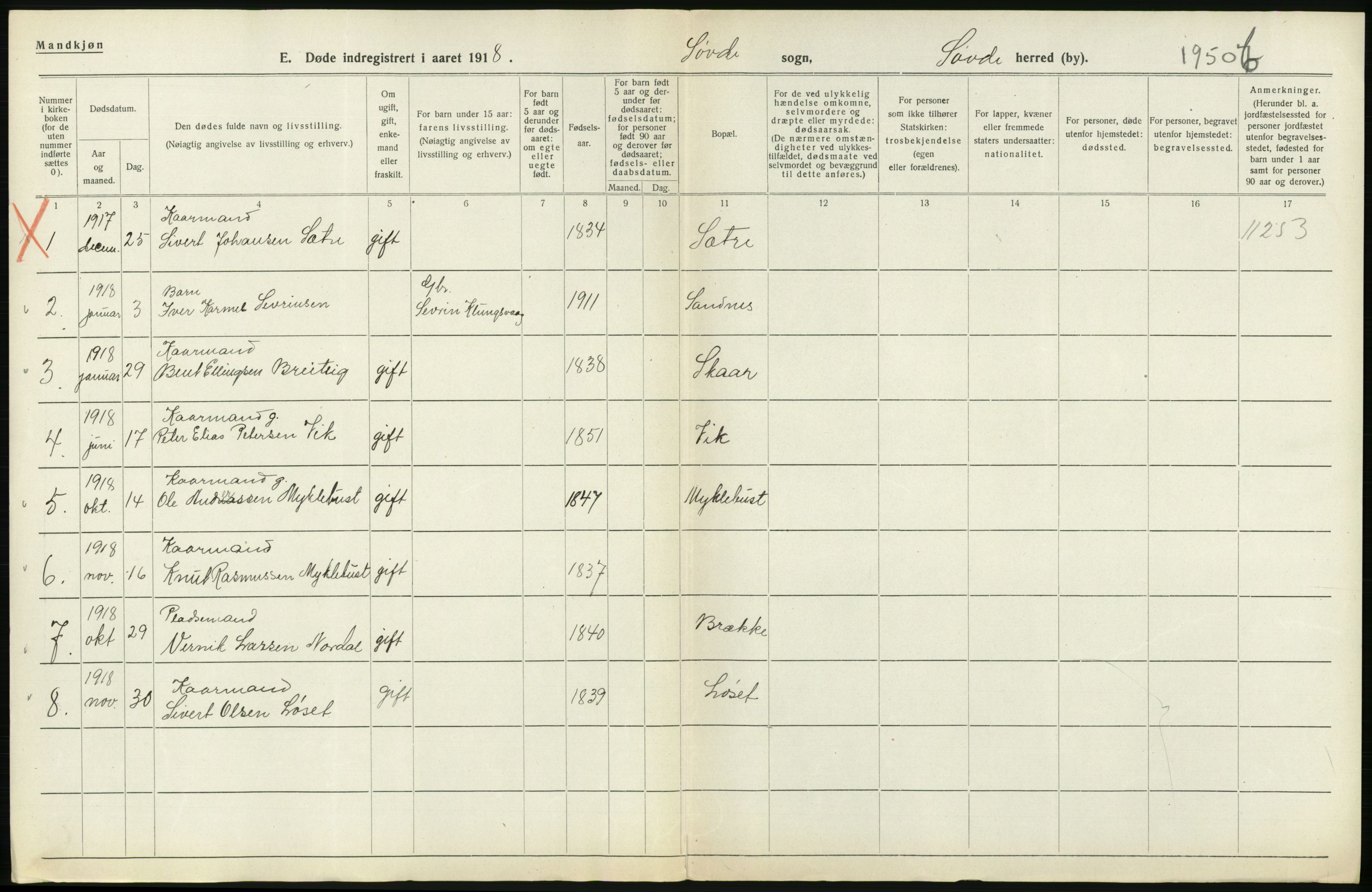 Statistisk sentralbyrå, Sosiodemografiske emner, Befolkning, RA/S-2228/D/Df/Dfb/Dfbh/L0045: Møre fylke: Døde. Bygder og byer., 1918, p. 390