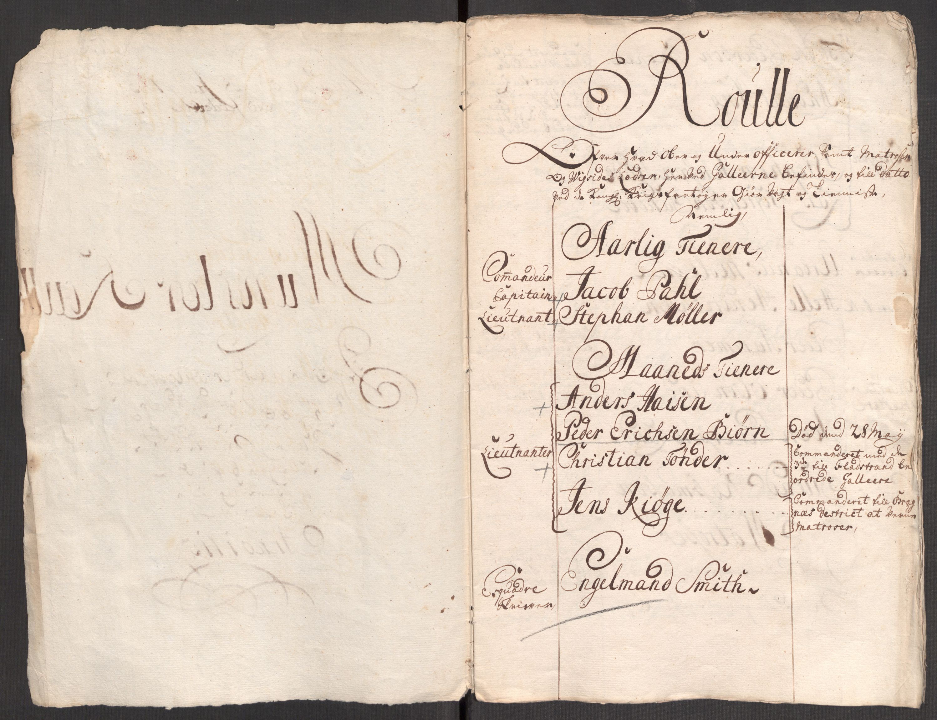Kommanderende general (KG I) med Det norske krigsdirektorium, AV/RA-EA-5419/E/Eb/L0001: Ruller over noen kompanier som tjenestegjorde på flåten, 1712-1721, p. 598