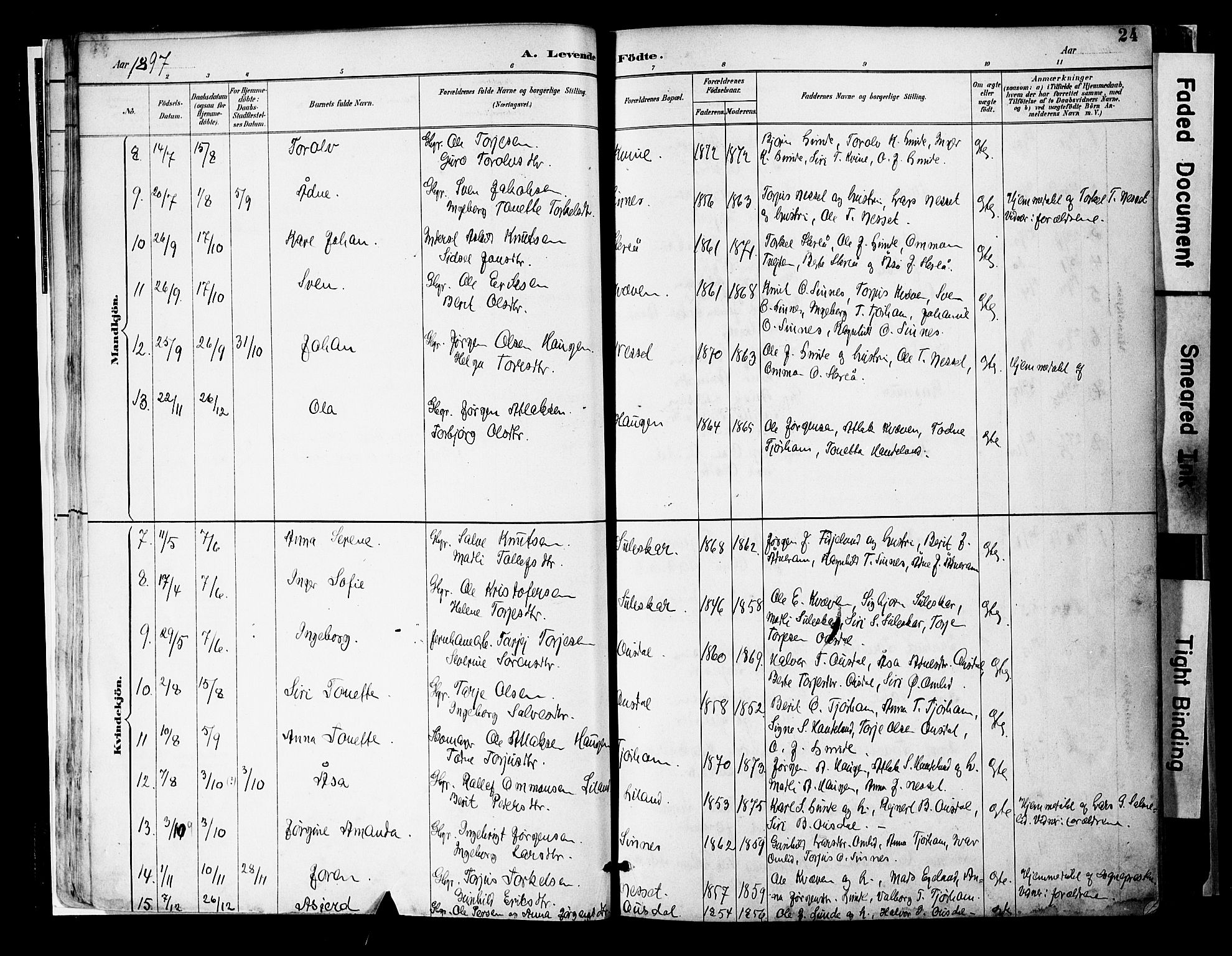 Sirdal sokneprestkontor, SAK/1111-0036/F/Fa/Faa/L0001: Parish register (official) no. A 1, 1887-1910, p. 24