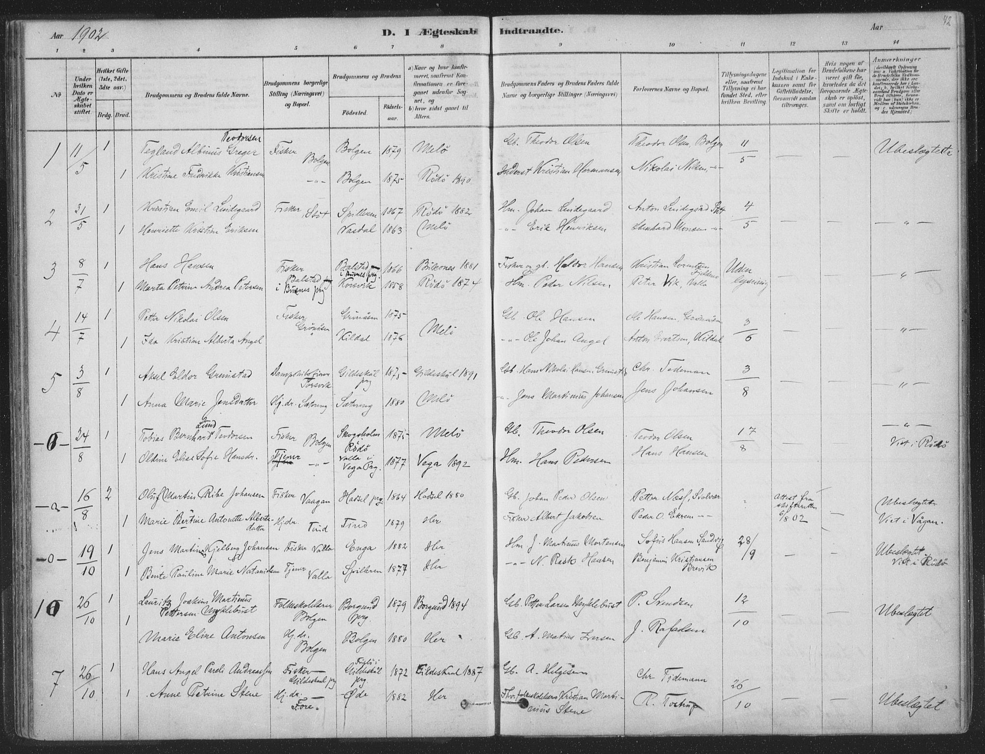 Ministerialprotokoller, klokkerbøker og fødselsregistre - Nordland, SAT/A-1459/843/L0627: Parish register (official) no. 843A02, 1878-1908, p. 42